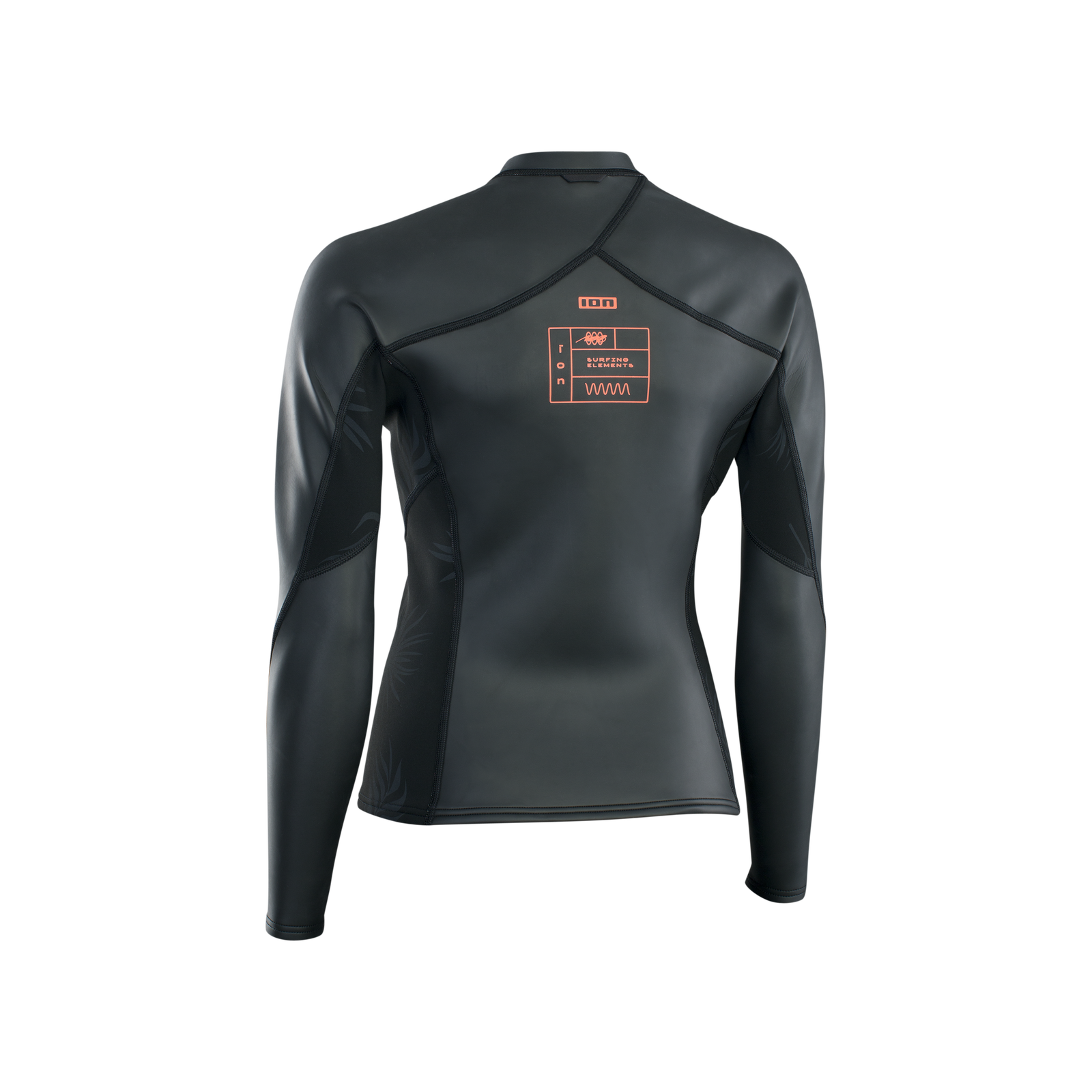 ION Neo Zip Top 2/1 LS Skin women wetsuit top in charcoal black with coral — back view