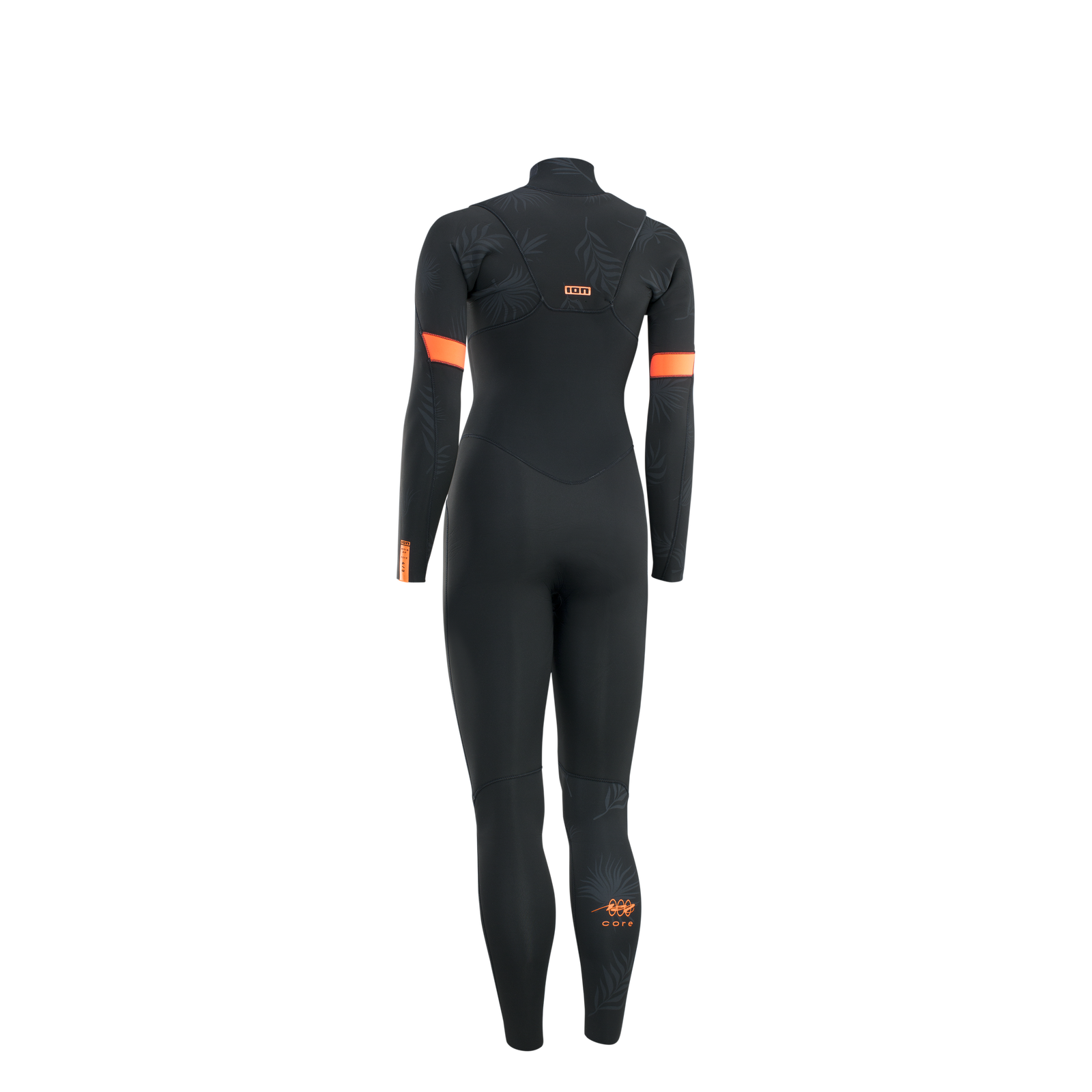 Combinaison ION Amaze Core 3/2mm zip frontal intégrale en noir et orange, vue de dos