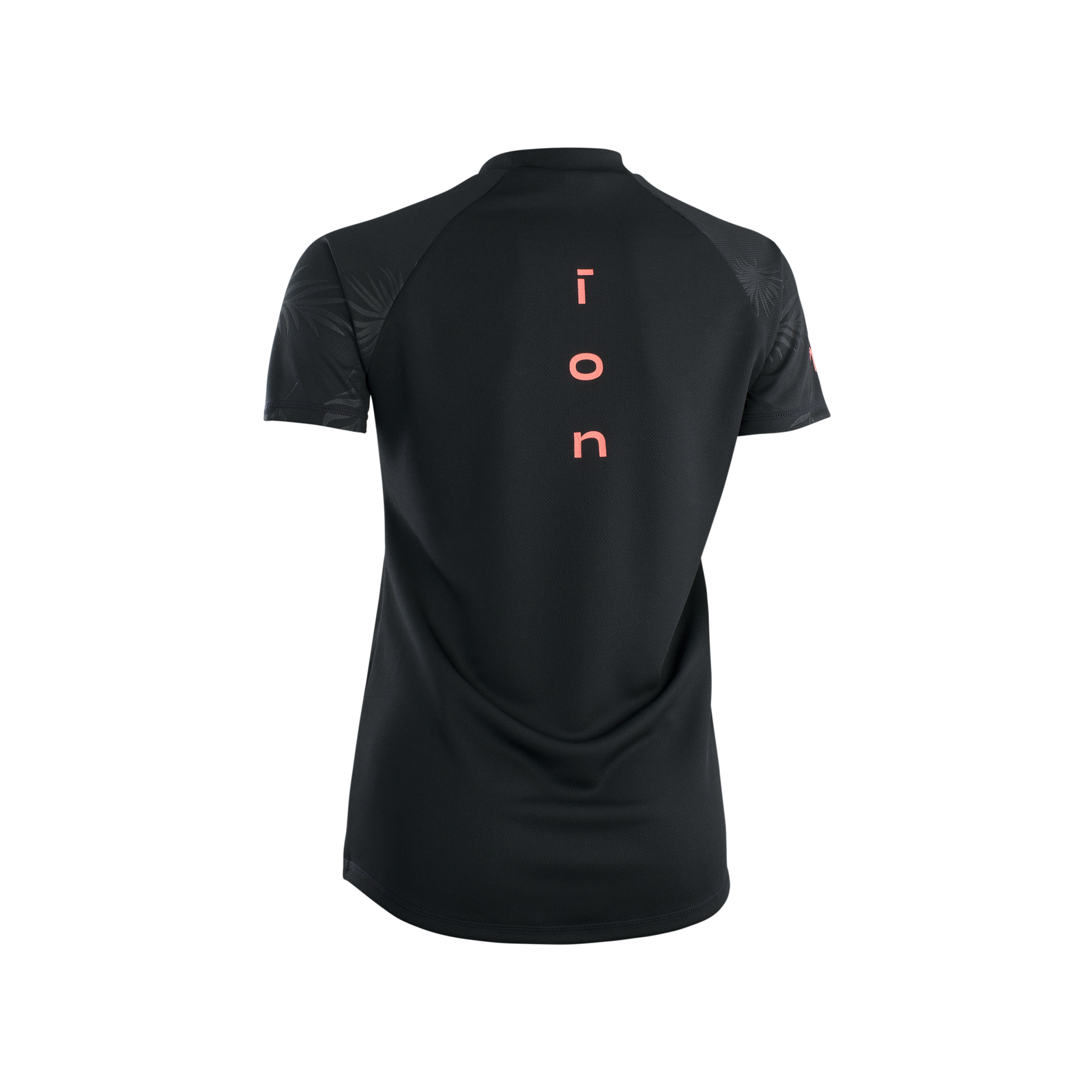 ION Wetshirt SS rashguard manga curta feminino em preto e coral vista traseira