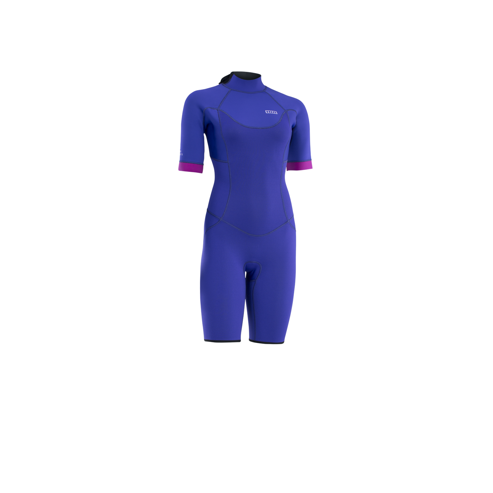 ION Element 2/2mm back-zip shorty wetsuit for women in cobalt blue with magenta cuffs
