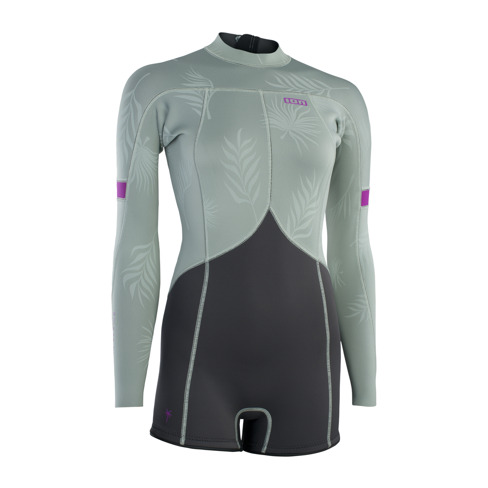 ION Amaze Shorty 2.0 long-sleeve back-zip shorty wetsuit in sage green, charcoal and purple
