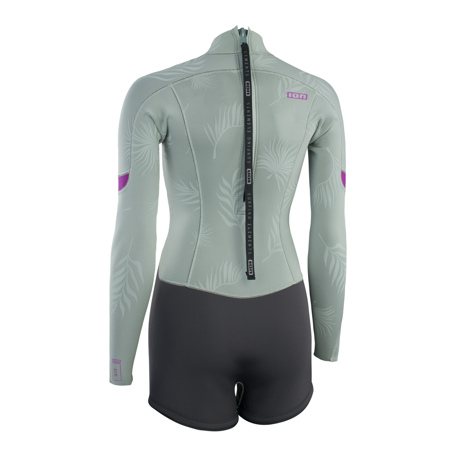 ION Amaze Shorty 2.0 LS back-zip shorty wetsuit in sage green and charcoal, back view