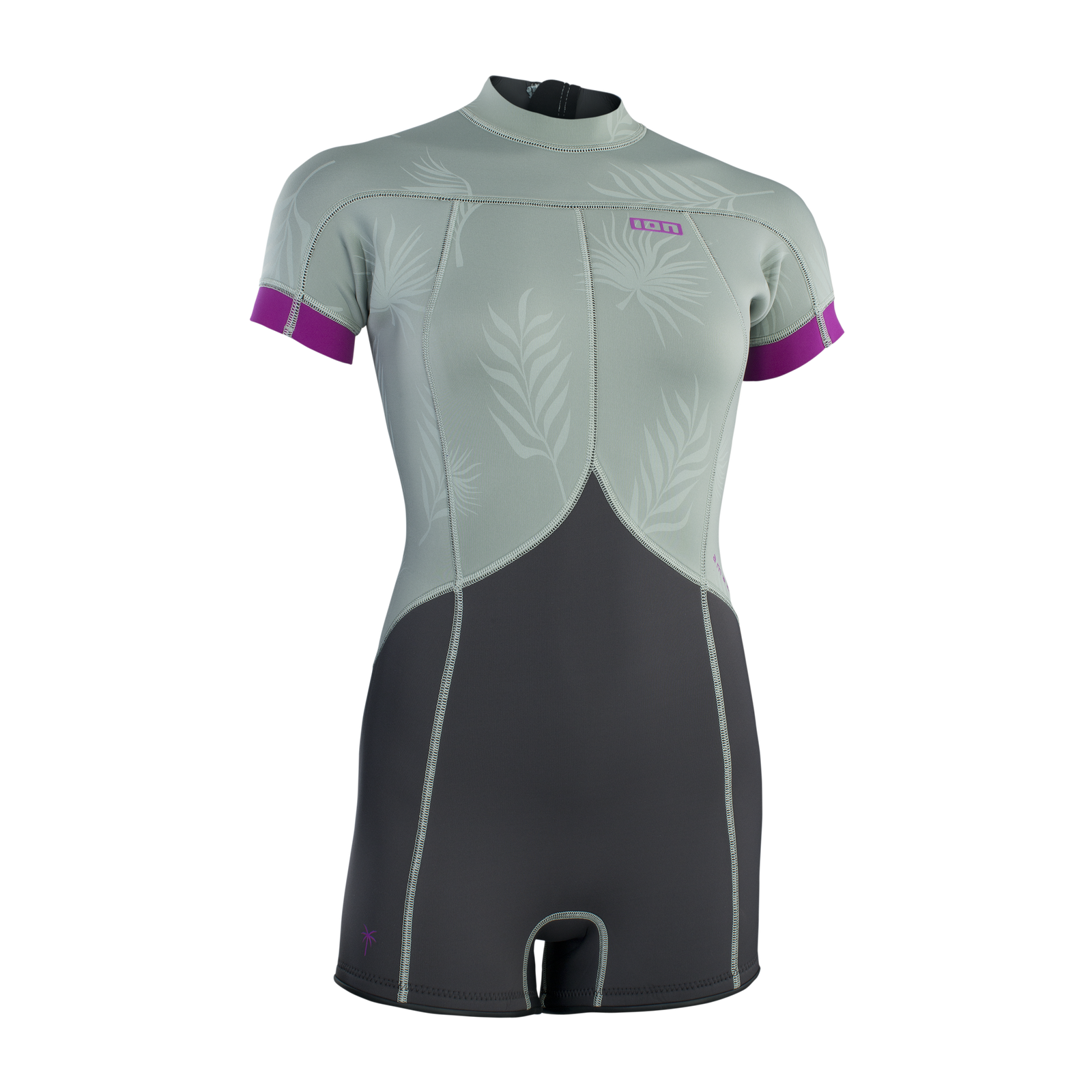ION Amaze 2.5mm back-zip shorty wetsuit in sage green and charcoal with purple accents
