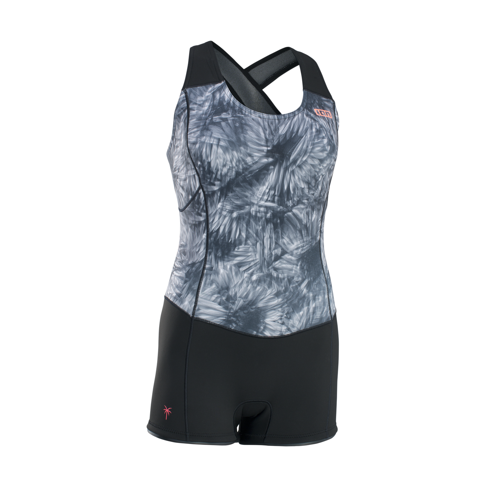 ION Amaze Shorty Crossback 1,5 mm Pull-on Neoprenanzug in schwarz und grau mit botanischem Print
