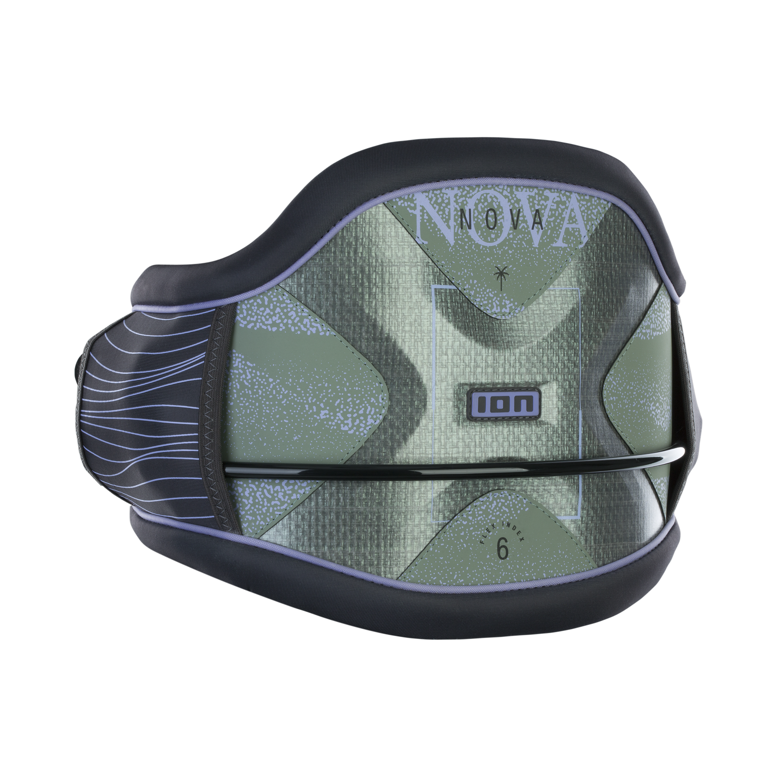 ION Nova women's waist harness in black and olive green with Ergo_Pad and Spectre Bar
