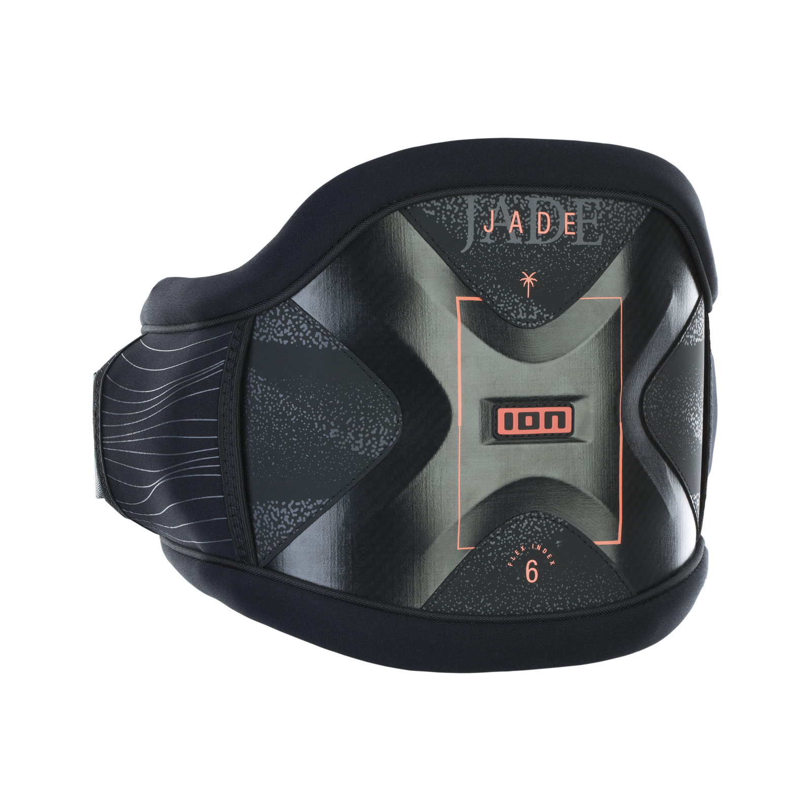 ION Jade women's windsurf waist harness in black and rose gold with Ergo_Pad lumbar support