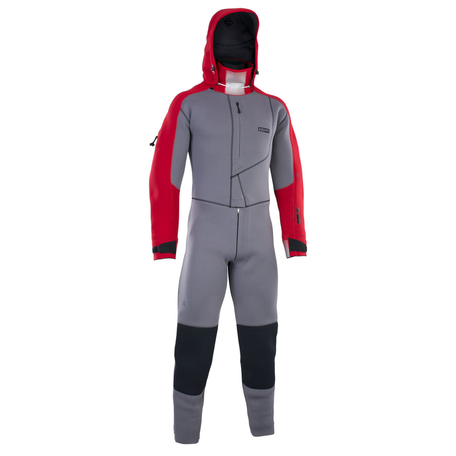 ION Fuse 4/3mm back-zip drysuit fullsuit with hood in slate grey and red