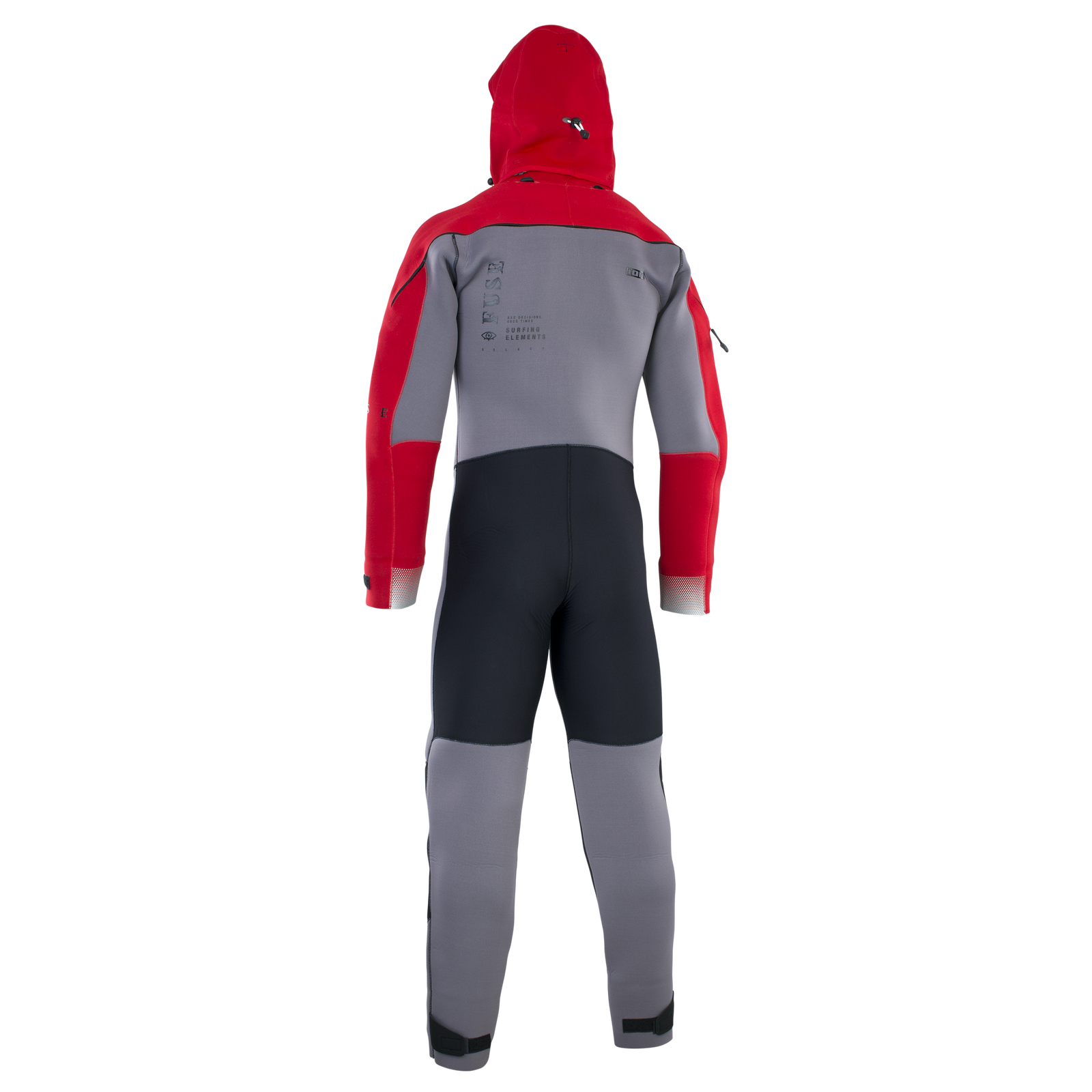 ION Fuse 4/3mm back-zip drysuit fullsuit in grey, red and black – back view with hood up