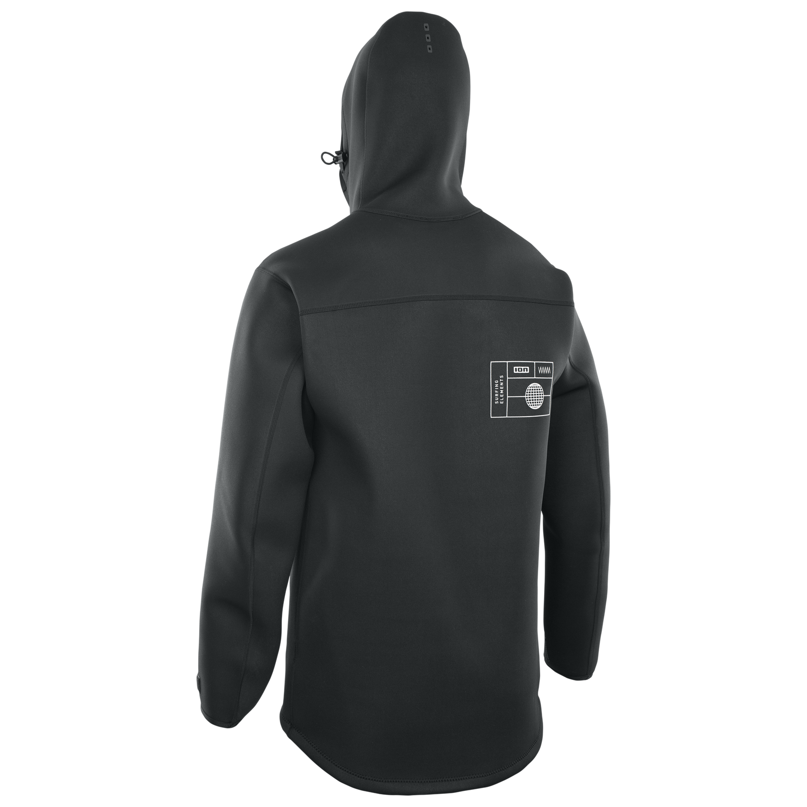 ION Neo Shelter Jacket Core veste néoprène homme en noir, vue de dos avec capuche