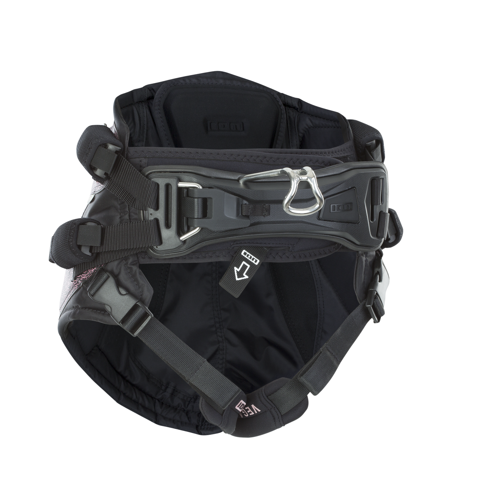 ION Vega soft seat harness in black with spreader bar hook — back view