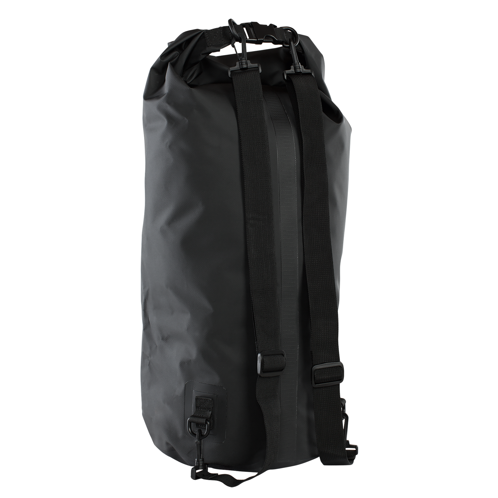 ION Water Dry Bag in black with backpack straps and roll-top closure, back view
