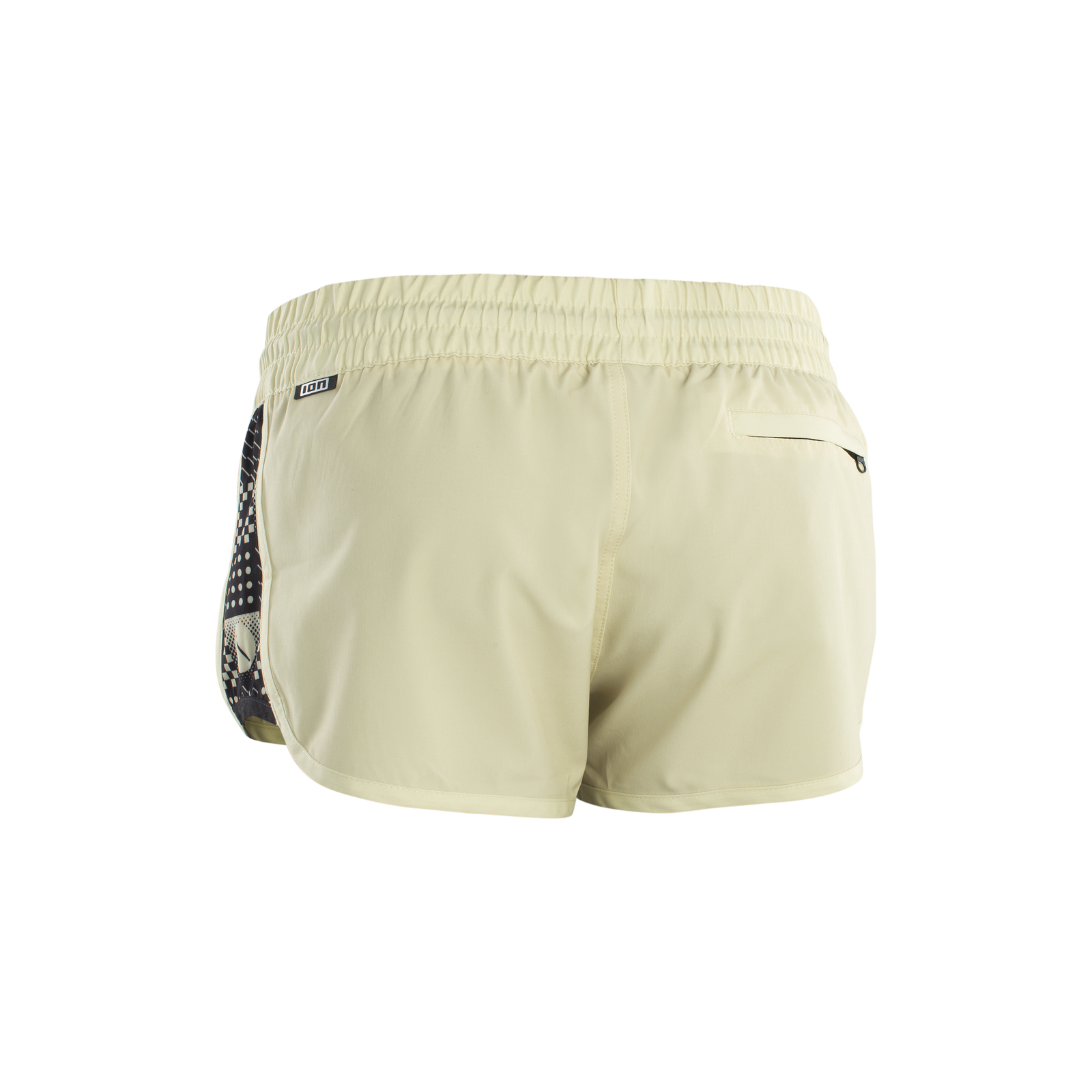 Short ION Tally Hotshorts femme en beige sable avec panneau latéral bleu marine, vue arrière