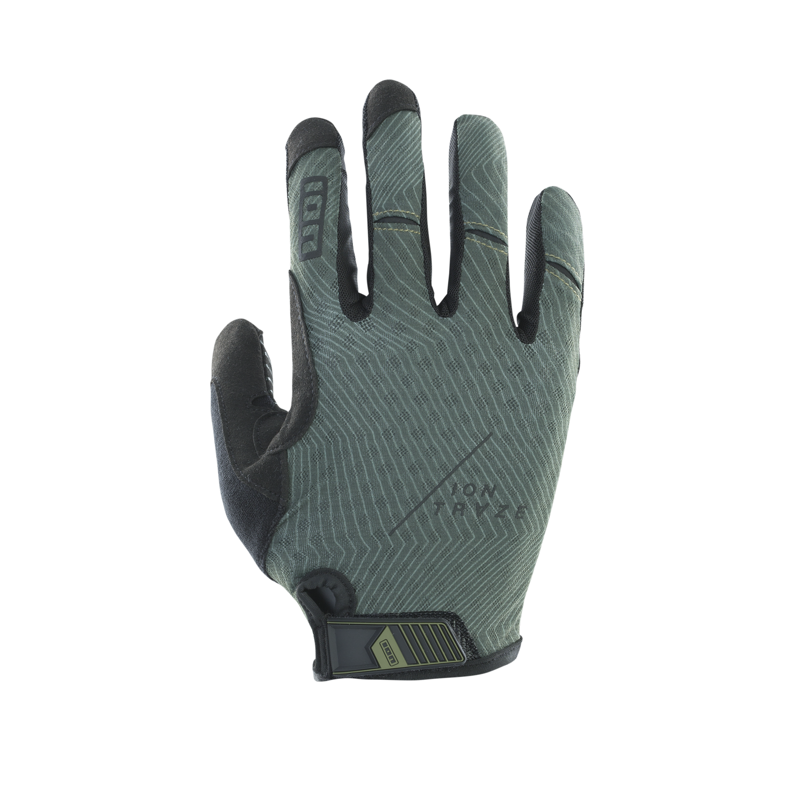 Guanto da bici ION Bike Traze long dita intere in verde oliva scuro con stampa grip in silicone