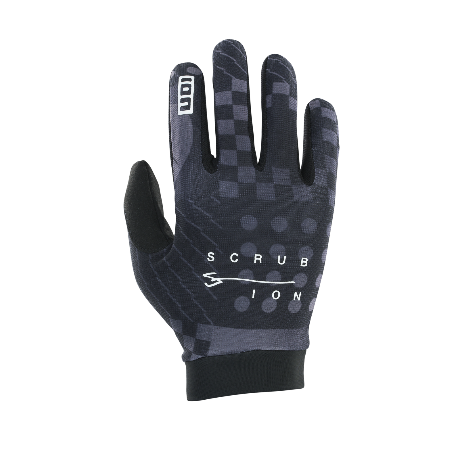 ION Scrub full-finger bike glove in charcoal black with tonal checkerboard pattern