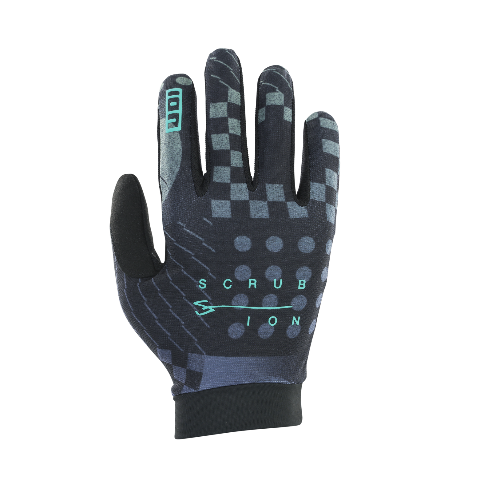 ION Bike Scrub Fahrradhandschuh unisex in dunkelgrau mit geometrischem Print und mint-farbenem Logo