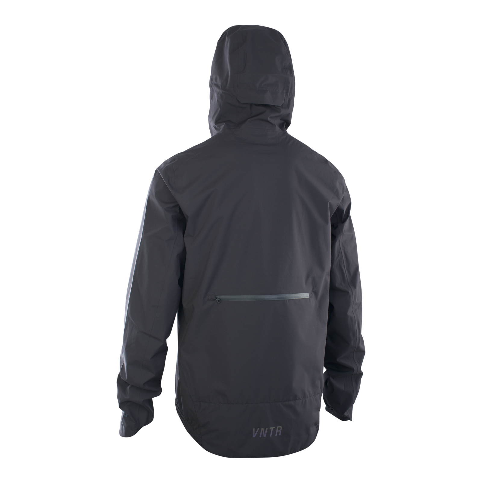 ION Bike Shelter Lite 2.5L VNTR cycling jacket in black, back view with hood and stow pocket