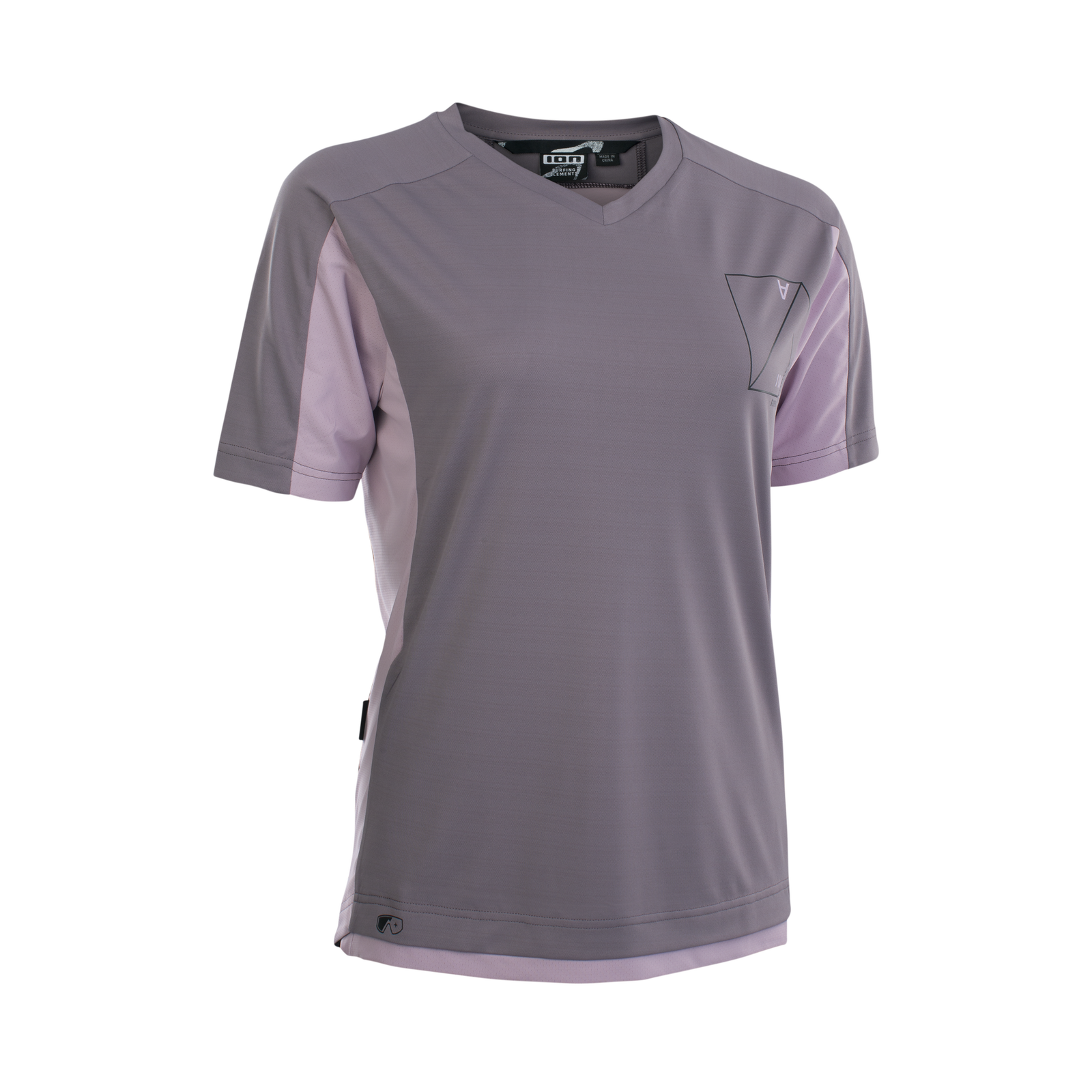 ION Bike Traze Amp women's short-sleeve cycling jersey in slate grey and lilac for mountain biking