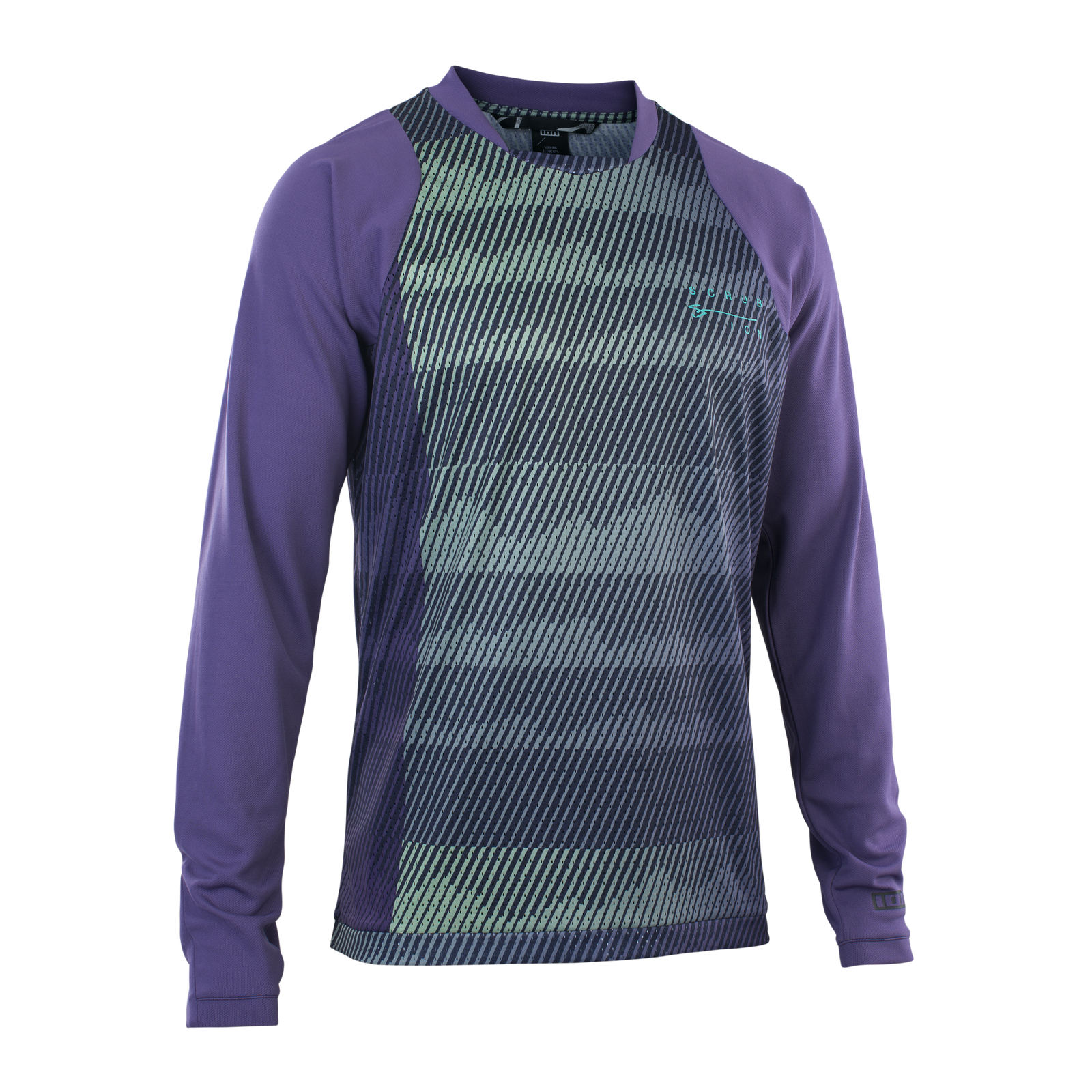 ION Bike Scrub LS men's long-sleeve cycling jersey in dark purple with geometric mesh pattern for mountain biking