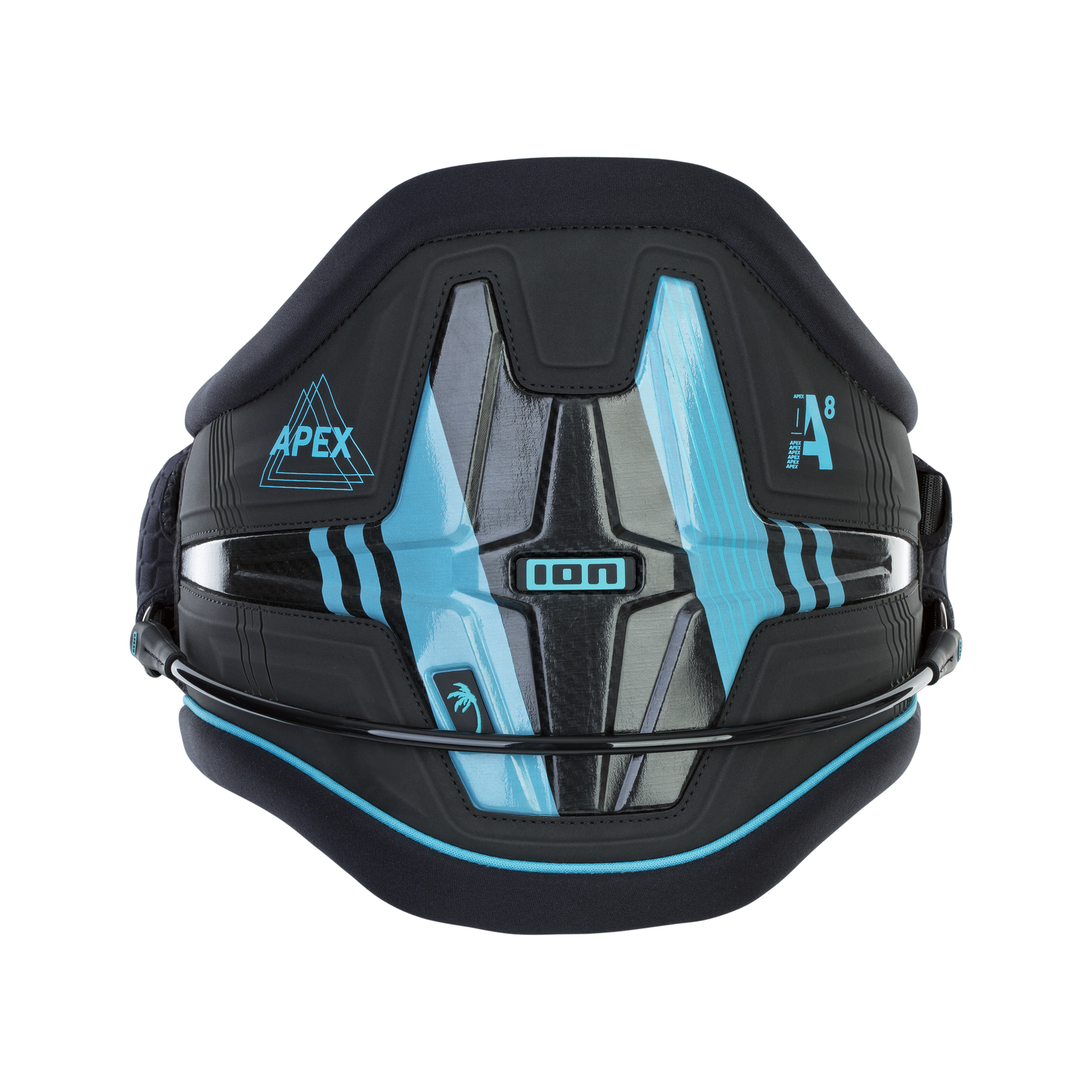 ION Apex waist harness in black and cyan with Spectre Bar and back support