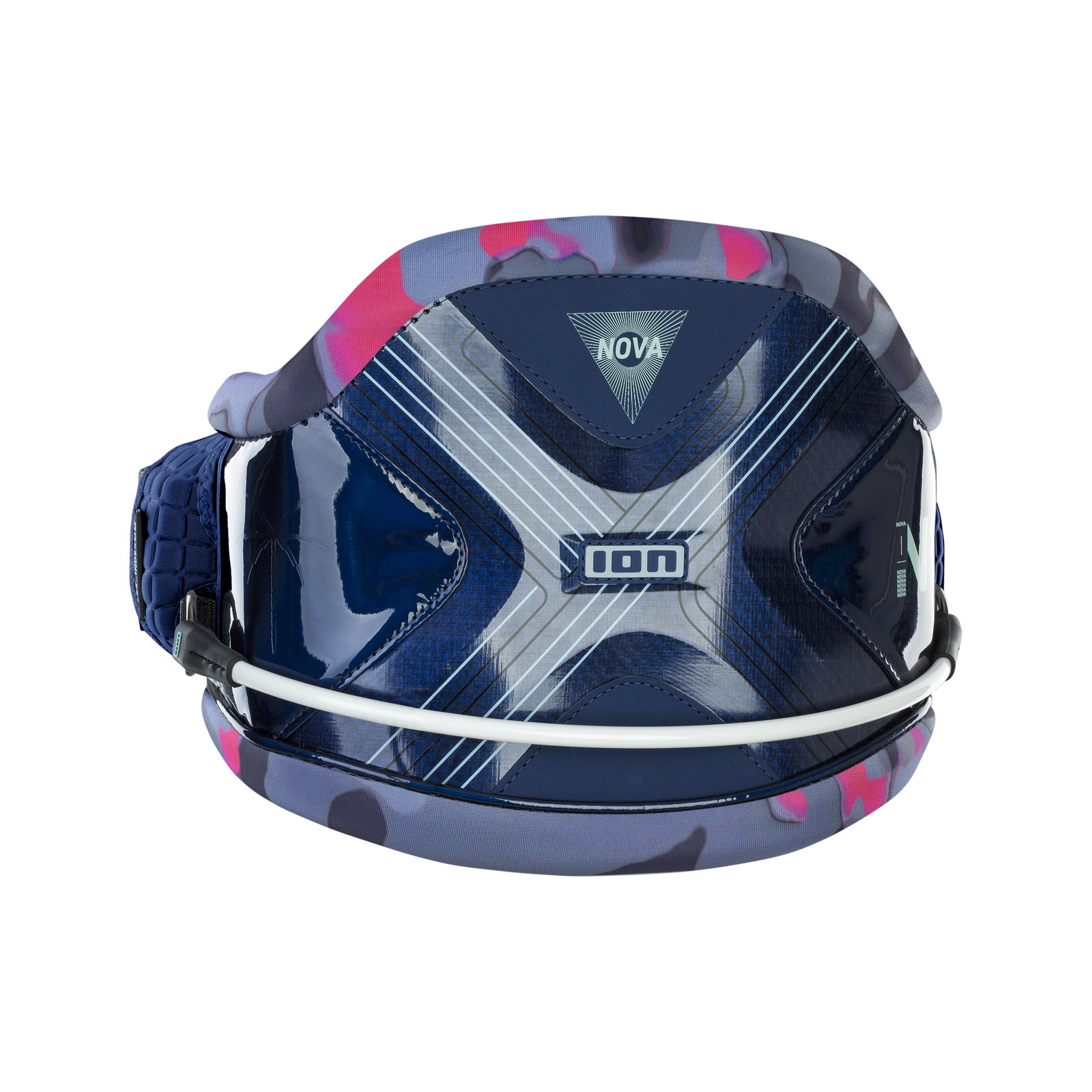 ION Nova waist harness in navy blue camo with pink accents and Spectre spreader bar