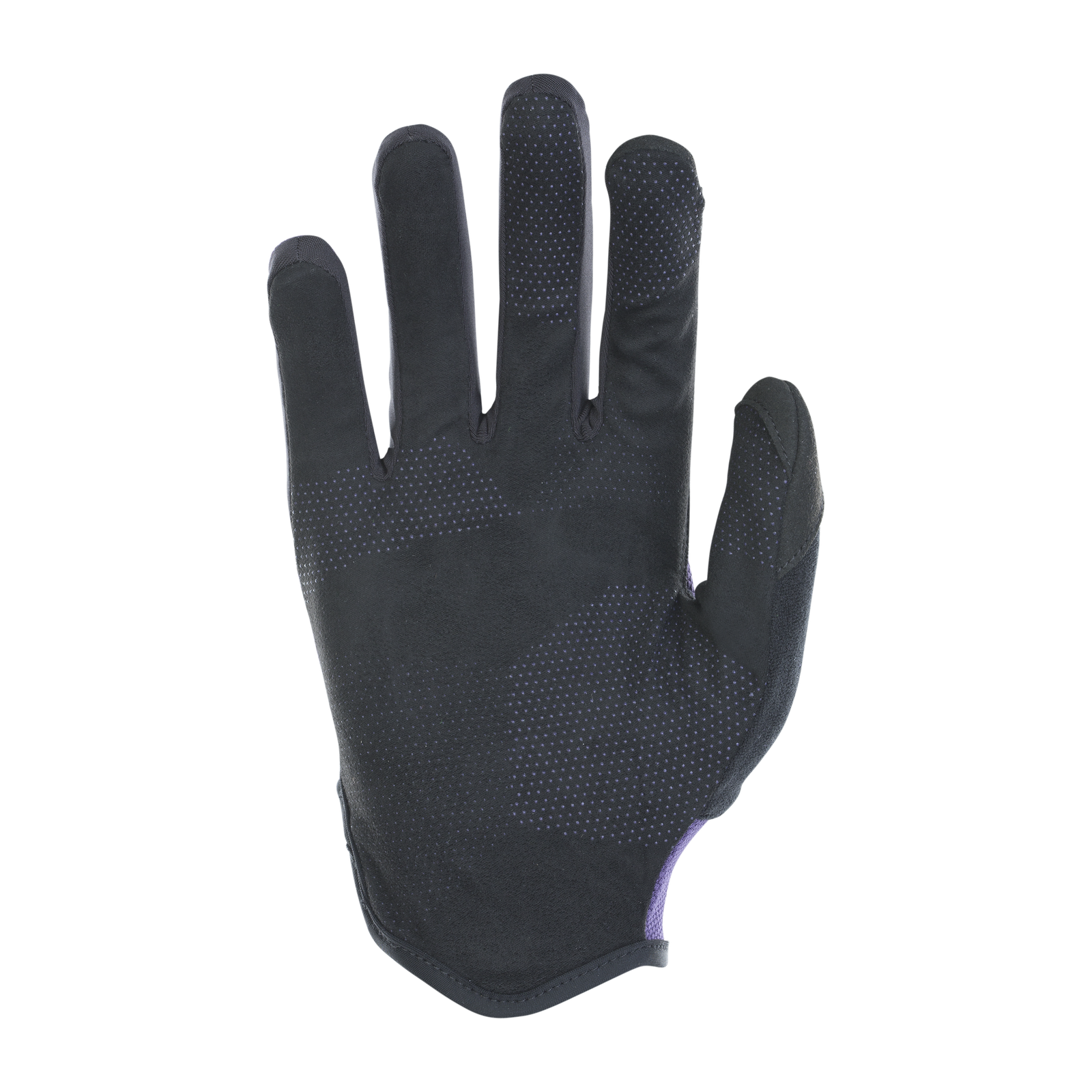 ION Bike Scrub Select full-finger bike gloves in charcoal black with purple accent, palm view