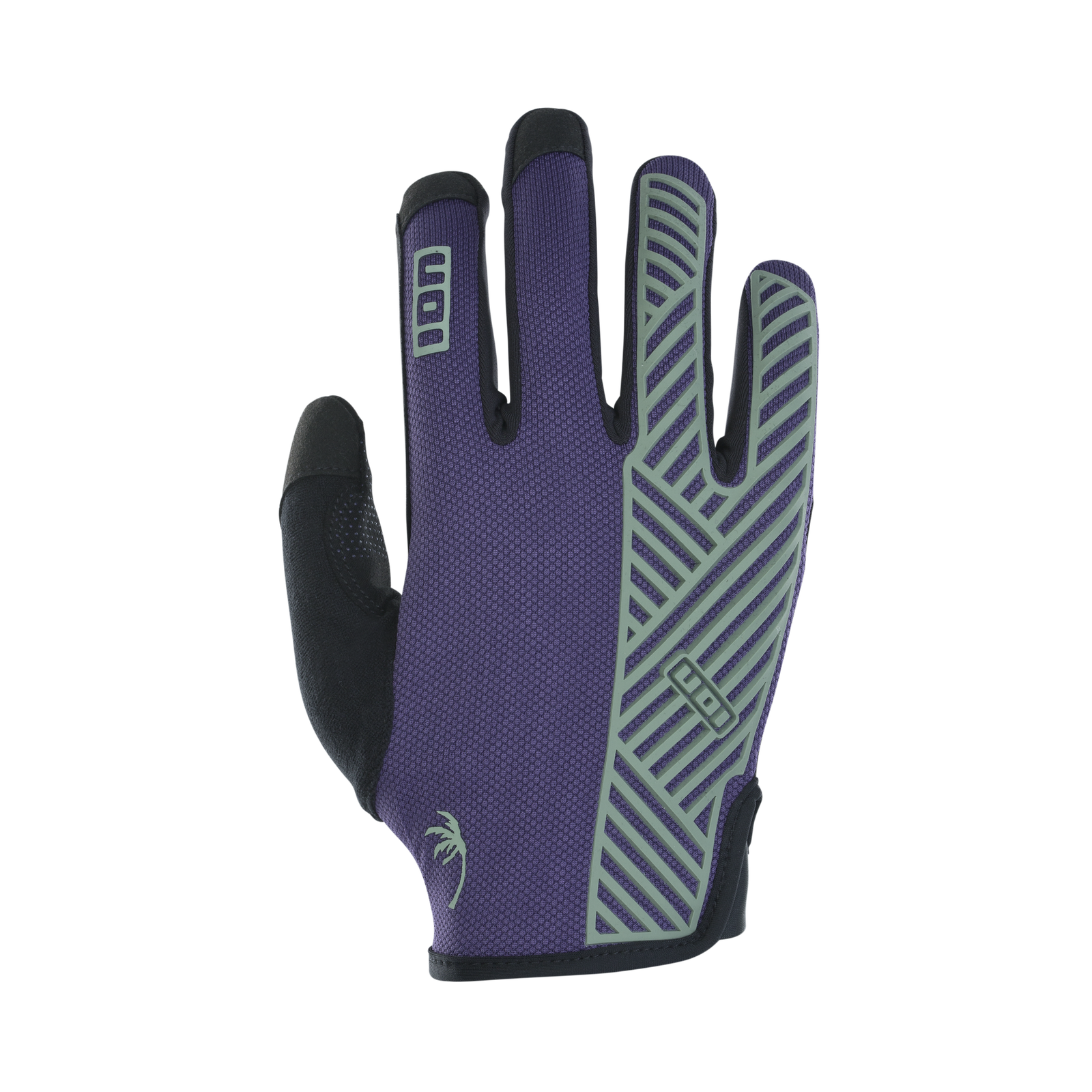 ION Scrub Select full-finger bike gloves in deep purple with sage green grip pattern