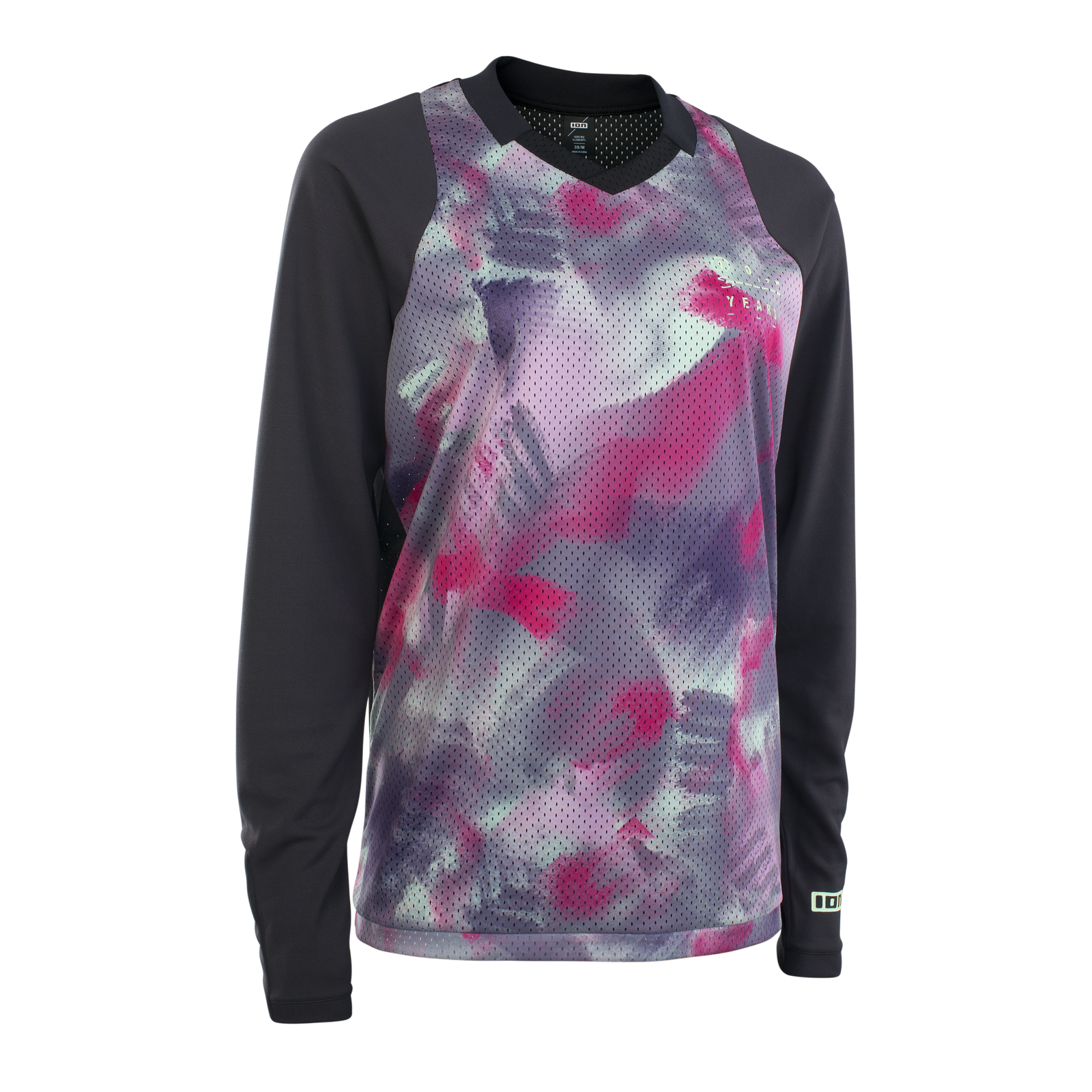 ION Bike Scrub 10 Years Langarm Damen Radtrikot in dunkelgrau mit abstraktem Pink-Print für Mountainbiking