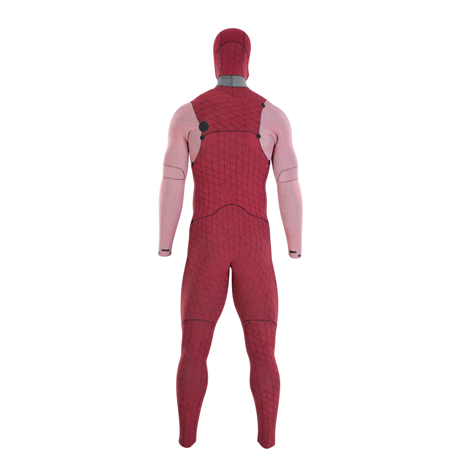 ION Seek Select 4/3mm front-zip hooded fullsuit wetsuit in dark red and dusty rose — back view