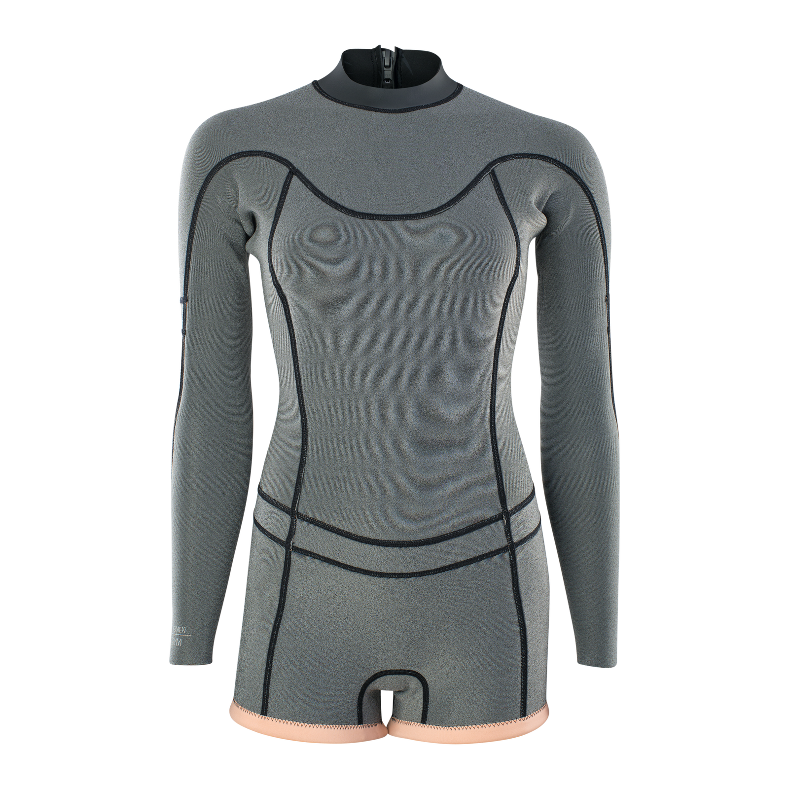 ION Amaze Shorty 2.0 long sleeve 2mm back-zip shorty wetsuit in grey and peach