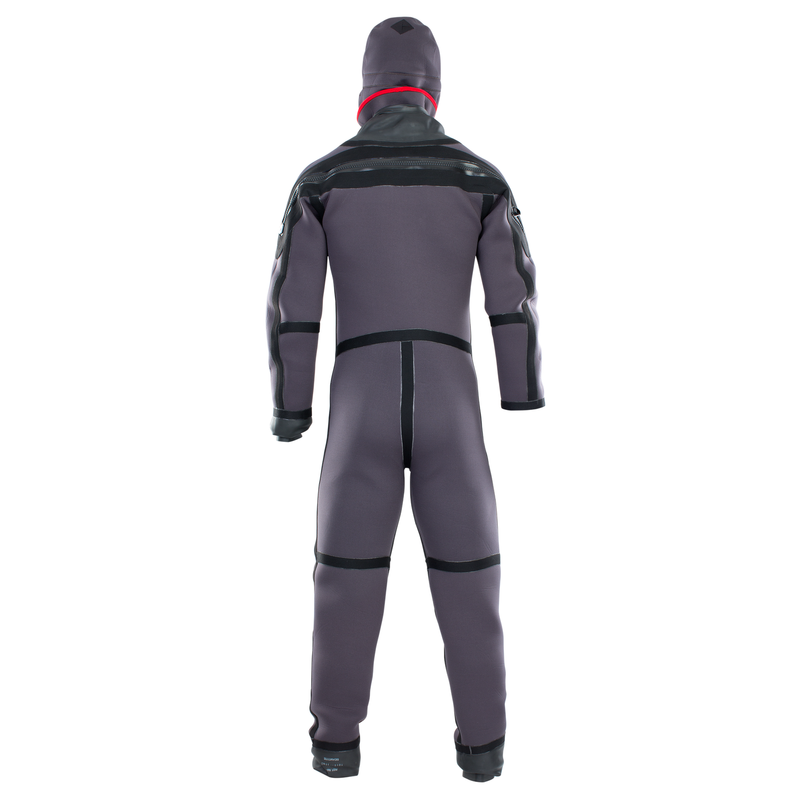 ION Fuse 4/3mm back-zip drysuit with detachable hood in dark graphite and black – back view