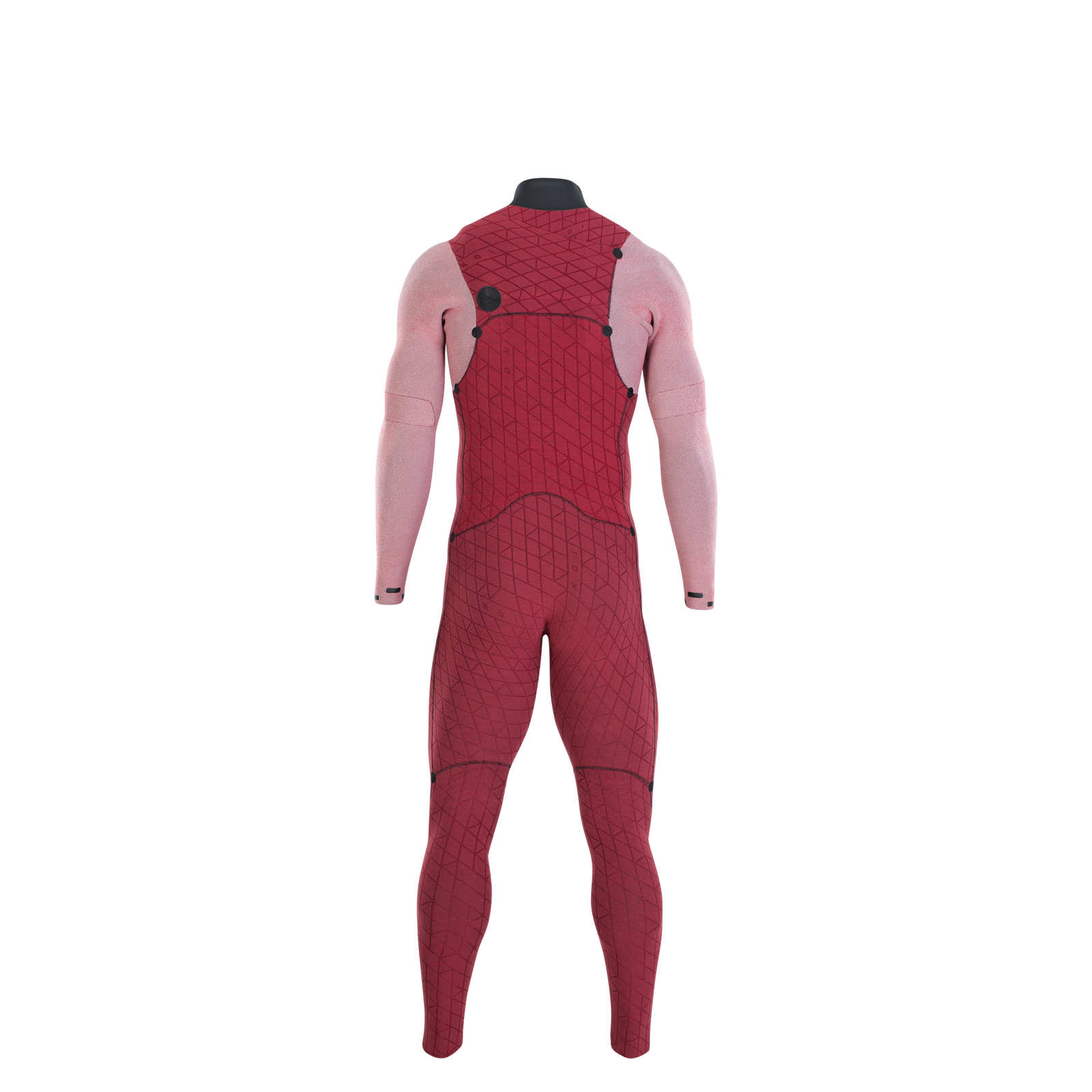 ION Seek Select 4/3mm front-zip fullsuit wetsuit in dark red and blush pink – back view