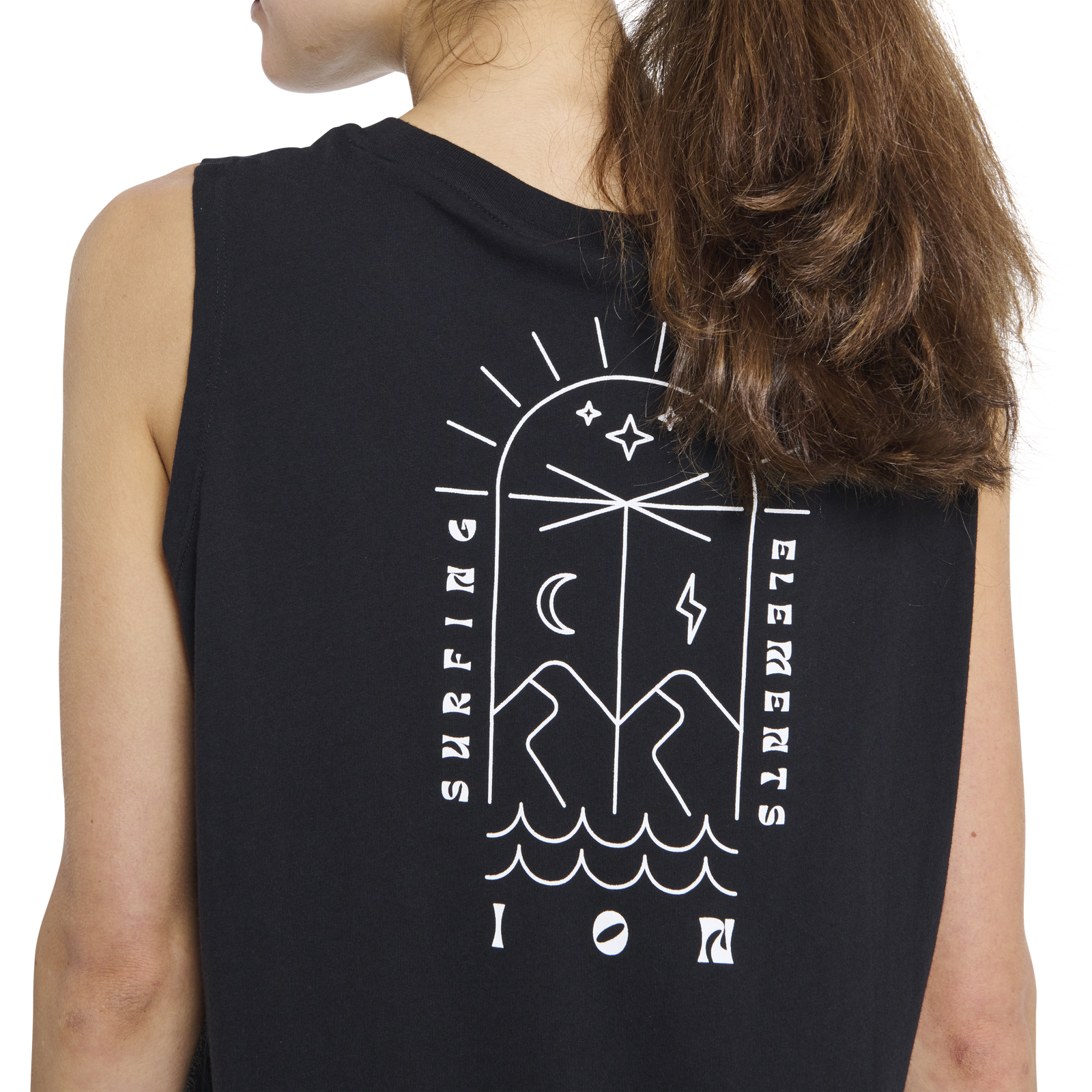 Débardeur femme ION No Bad Days 2.0 en noir avec imprimé Surfing Elements au dos