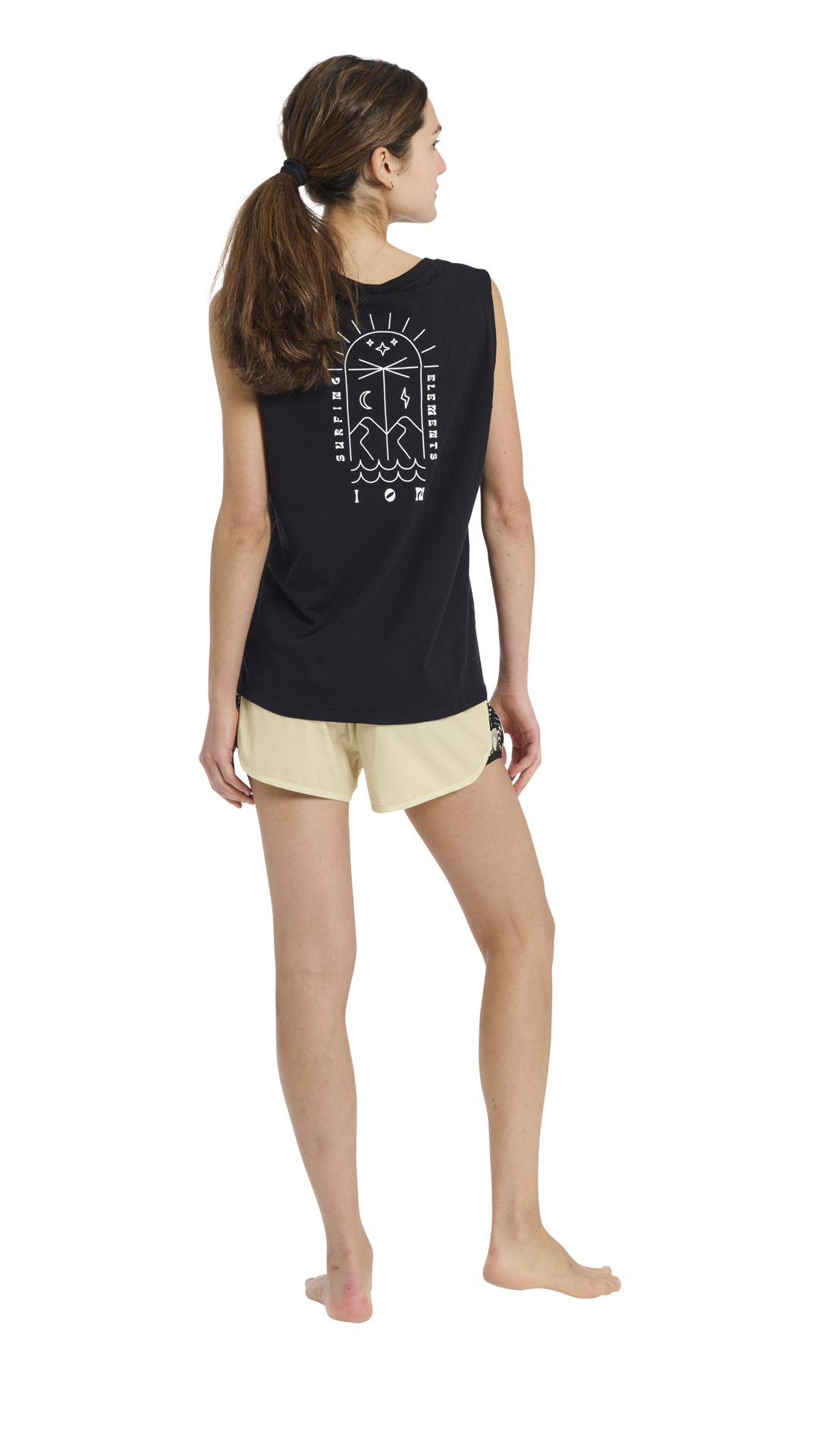 ION Tally 2.0 short de plage femme en crème avec panneau fleuri latéral, vue de dos sur mannequin