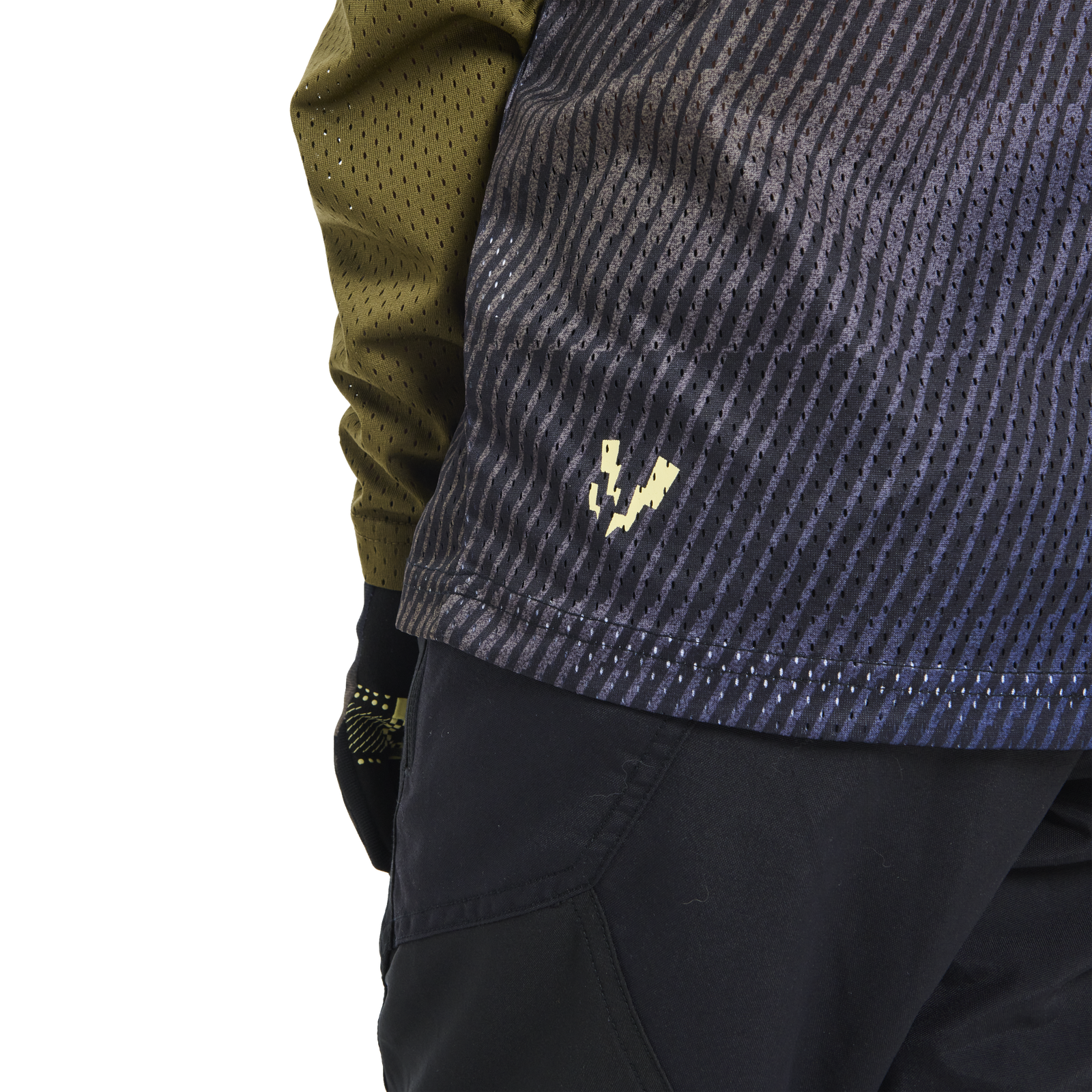 ION Scrub long-sleeve youth MTB jersey in charcoal and olive green for mountain biking