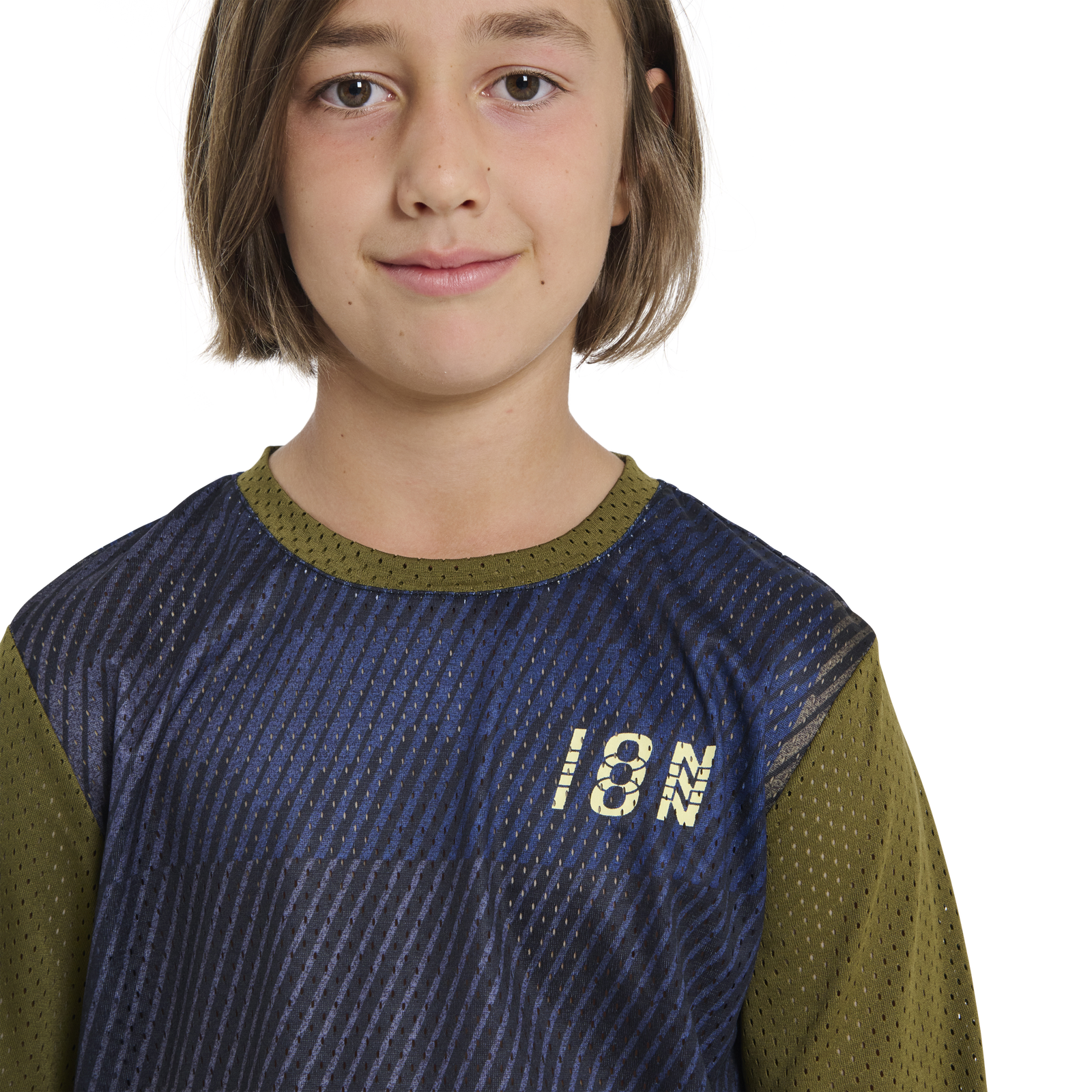 ION Scrub long-sleeve youth cycling jersey for mountain biking in dark navy and olive