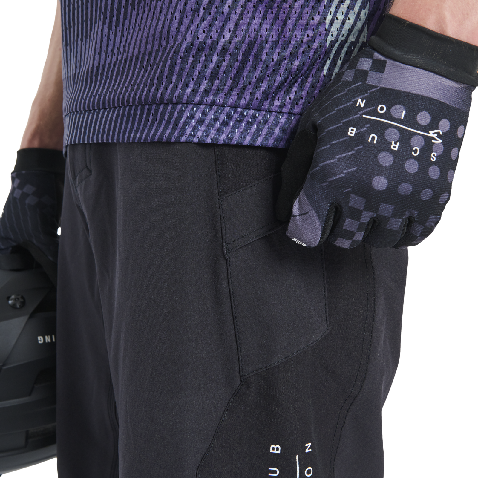ION Bike Scrub full-finger bike gloves in dark charcoal with silicone grip palm on model