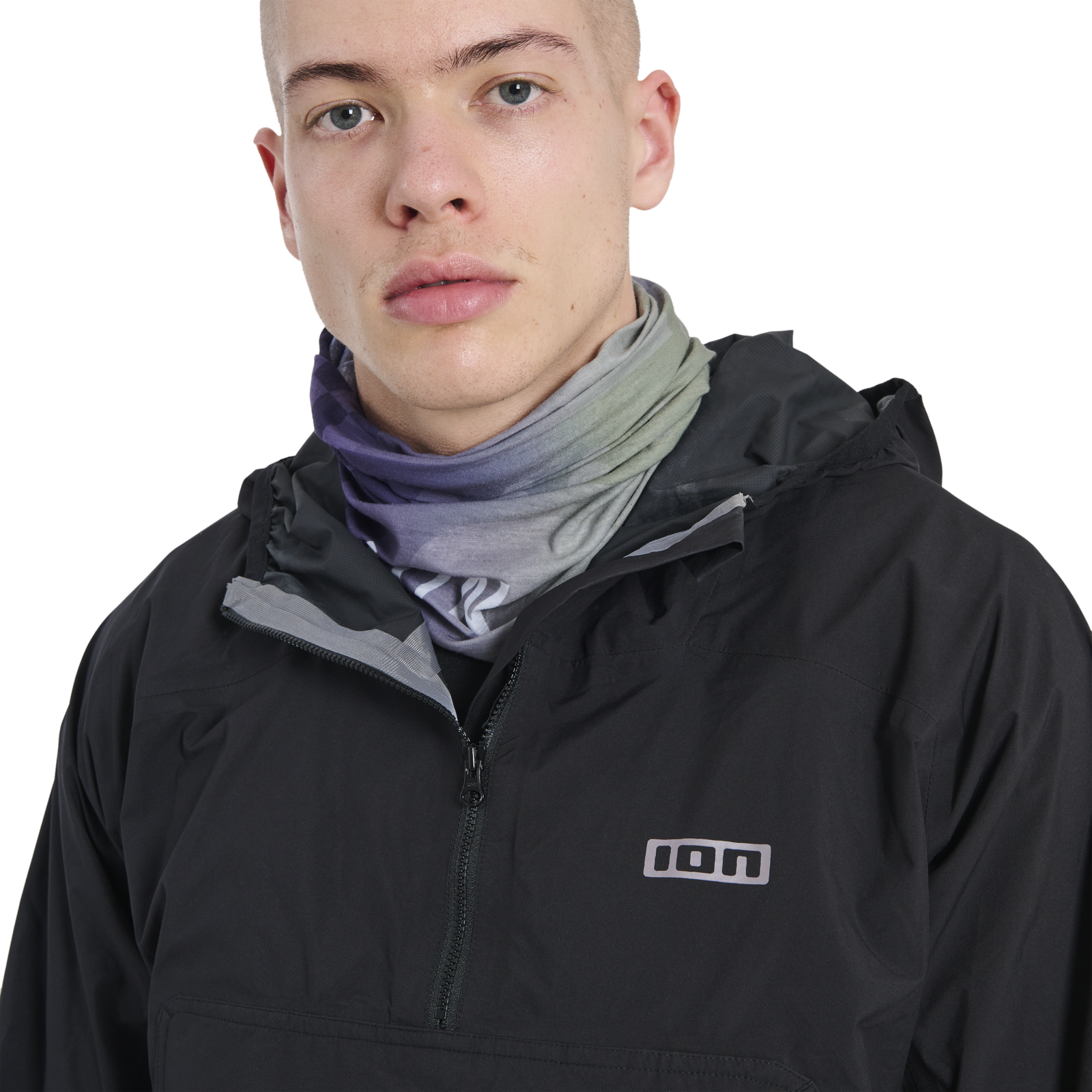 ION Bike Neckwarmer Logo neck warmer in purple-sage gradient worn on model