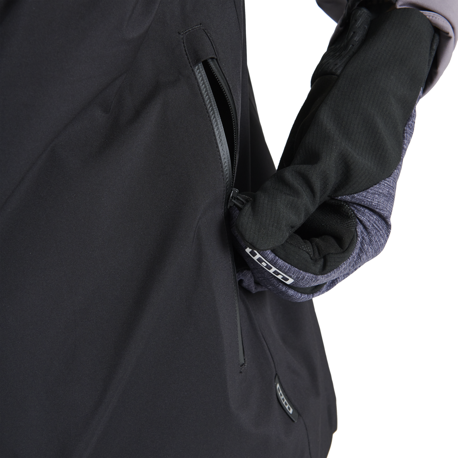 ION Shelter 3L men's cycling jacket in black detail view showing pocket zipper and cuff for mountain biking