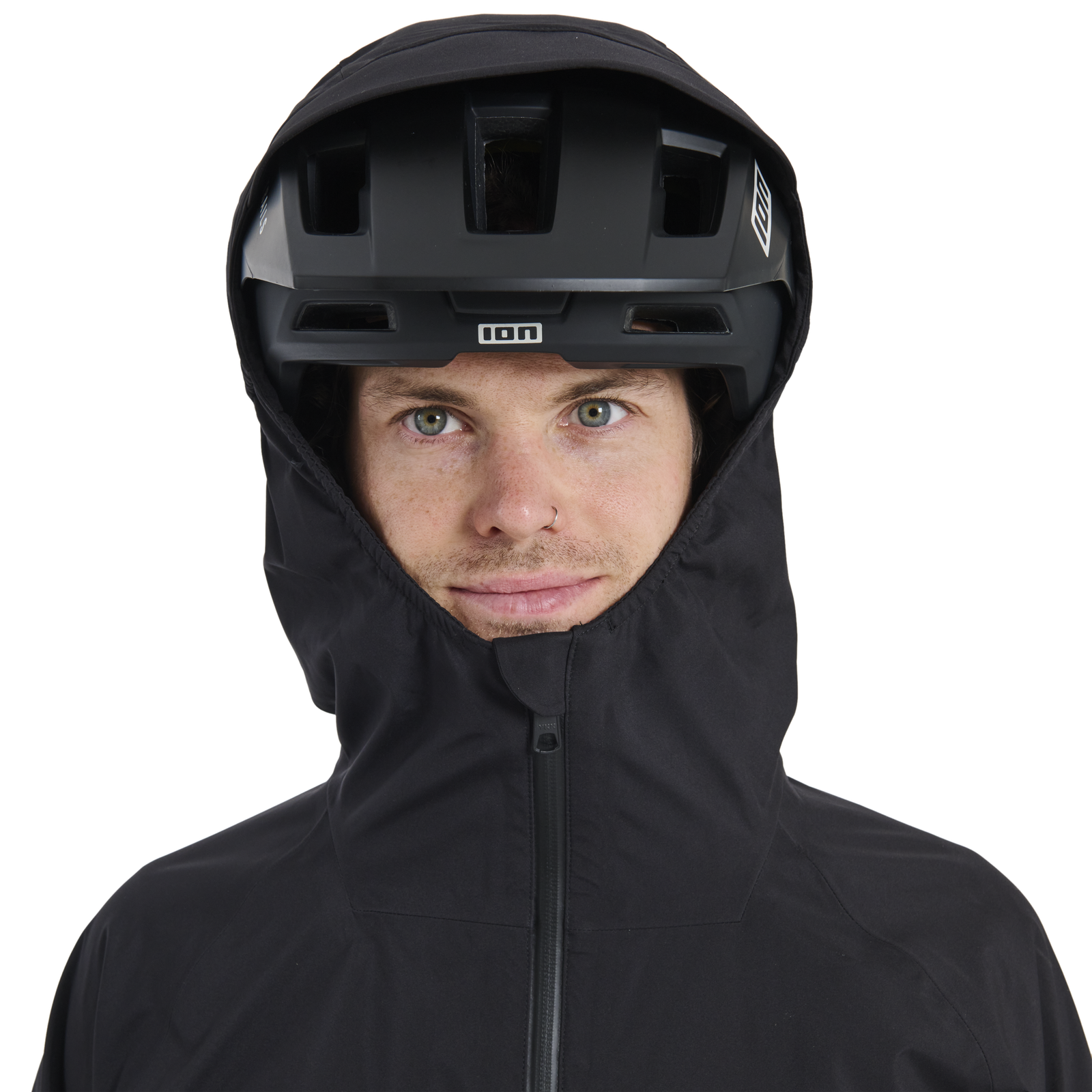 ION Shelter 3L cycling jacket in black with helmet-compatible hood for mountain biking