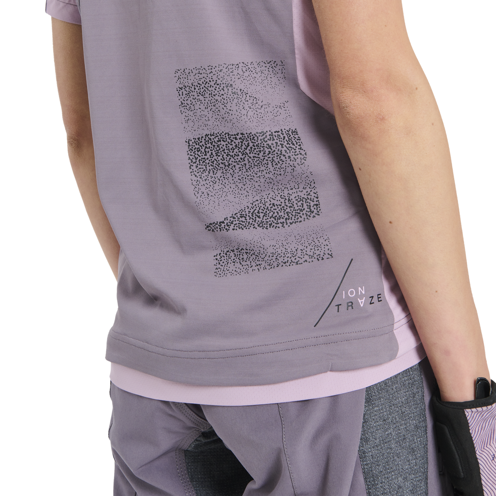 ION Traze Amp AFT women's short-sleeve cycling jersey in mauve grey for mountain biking and enduro