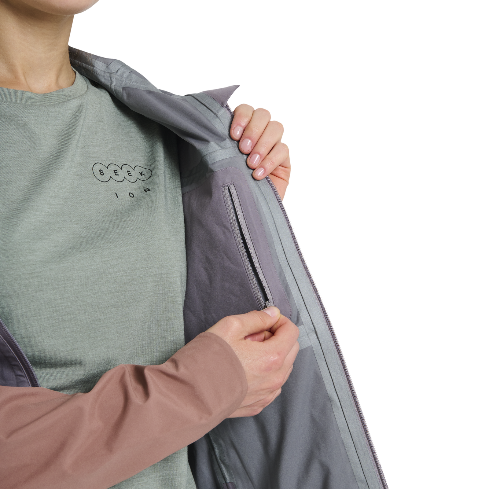 ION Bike Shelter 3L women's cycling jacket in charcoal and mauve, interior pocket detail, for mountain biking