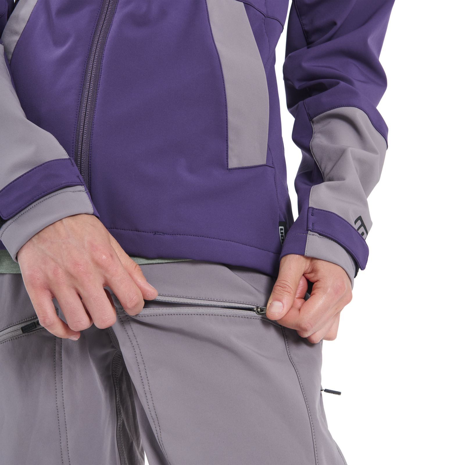 ION Bike Shelter 2L Softshell pants women in purple and grey, zippered pocket detail for mountain biking