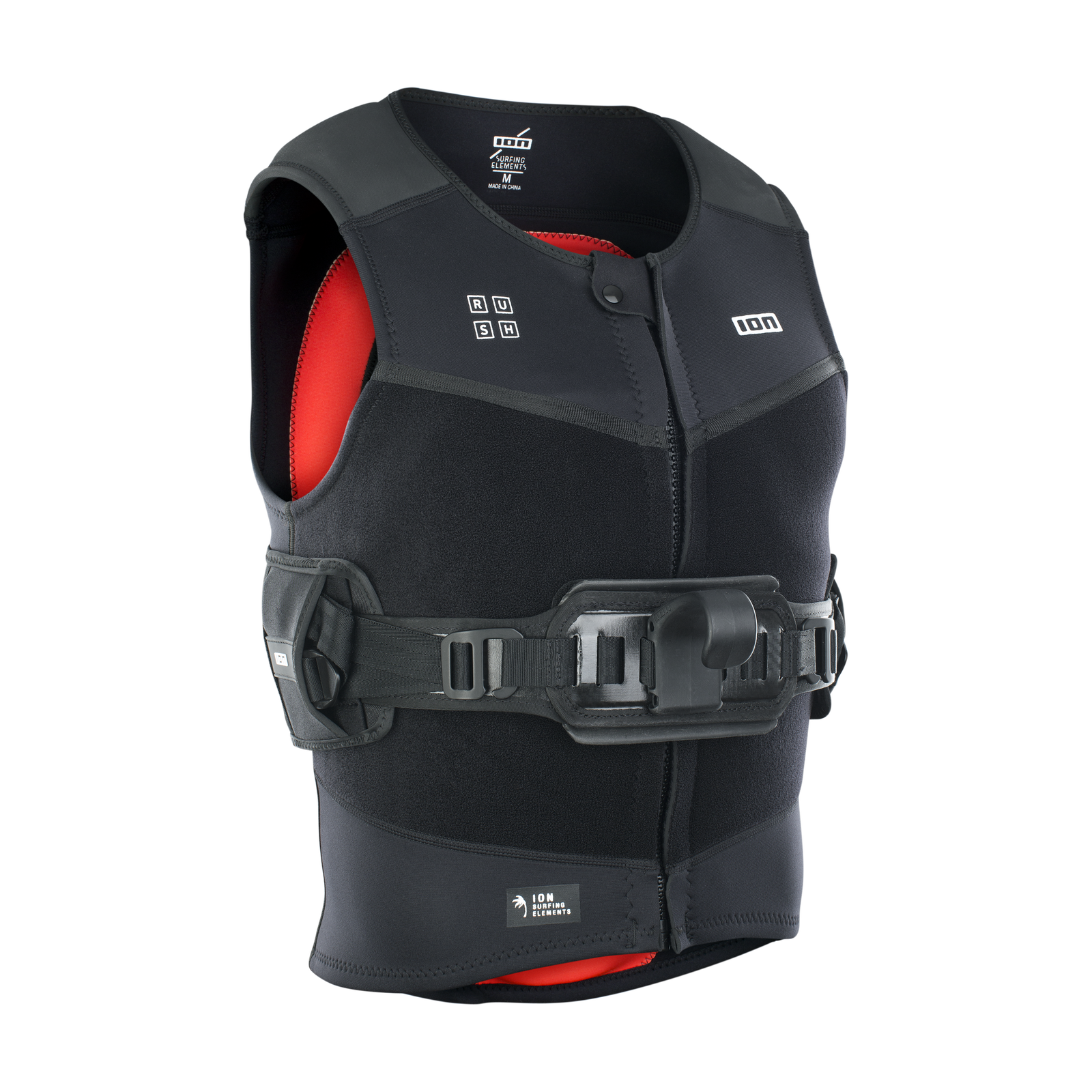 ION Rush waist harness vest in black with impact protection and integrated harness for wing foiling