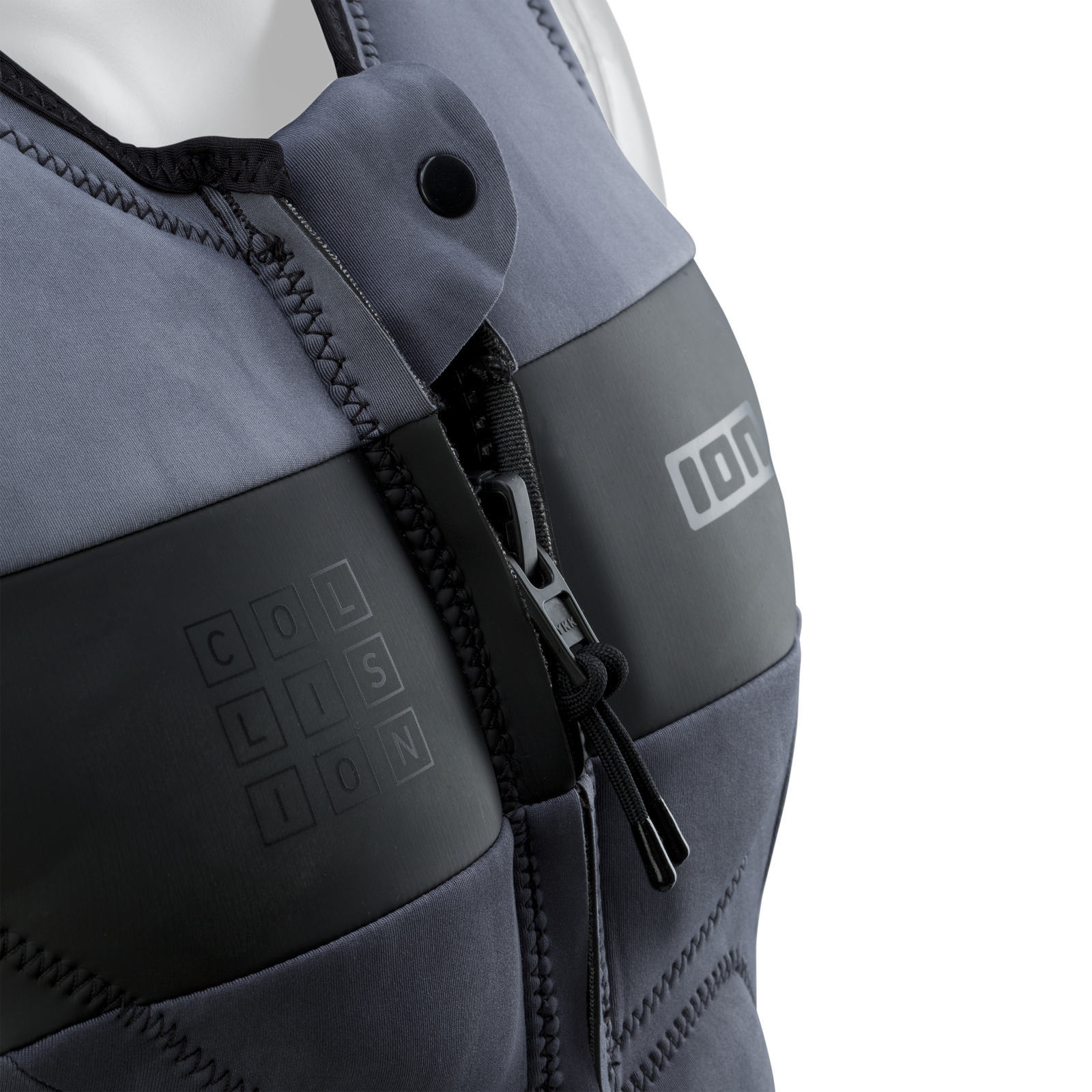 ION Collision Select front-zip impact vest men in charcoal grey, zipper and logo detail view