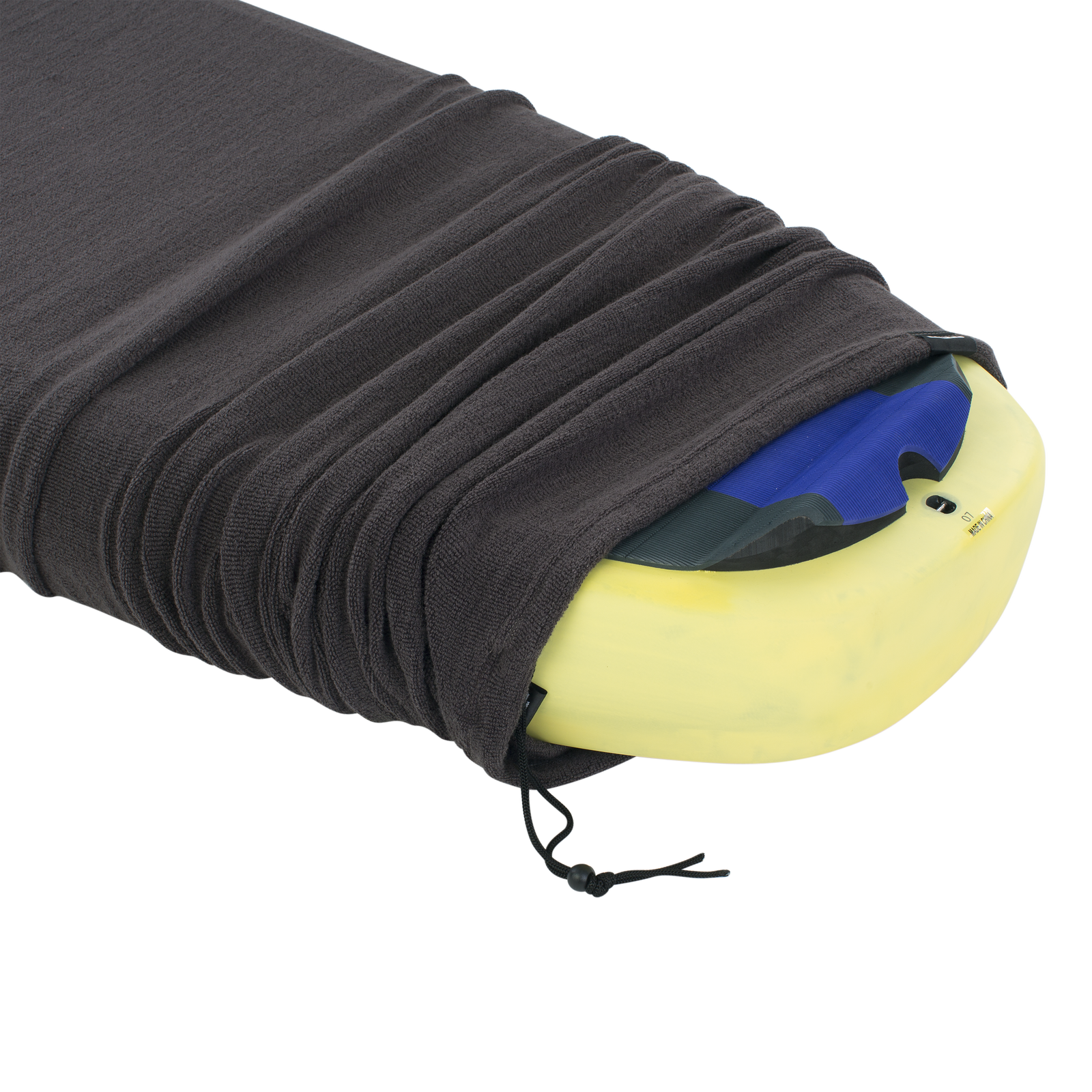 ION Wing Sock board cover 5'5" in jet black with foil board partially inserted, three-quarter view