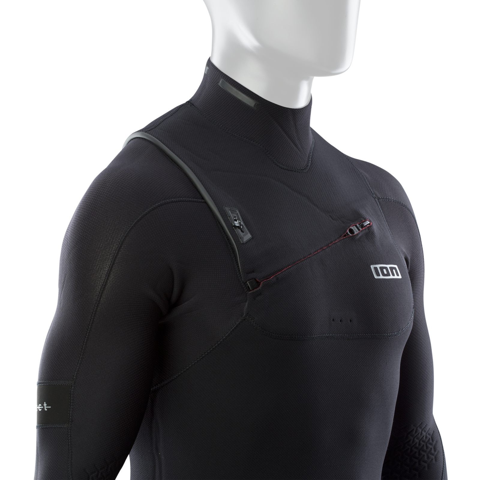ION Seek Select 4/3mm front-zip fullsuit in black, upper body detail on mannequin
