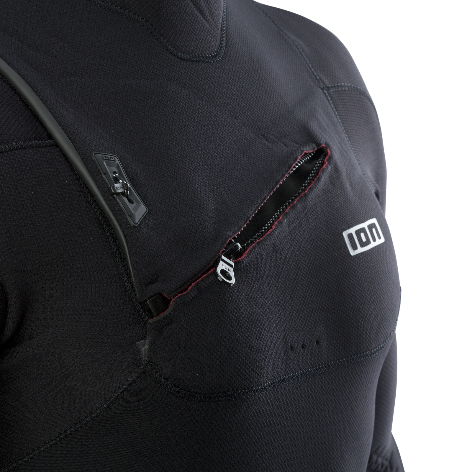 ION Seek Select 4/3mm front-zip fullsuit wetsuit in black, chest zip detail
