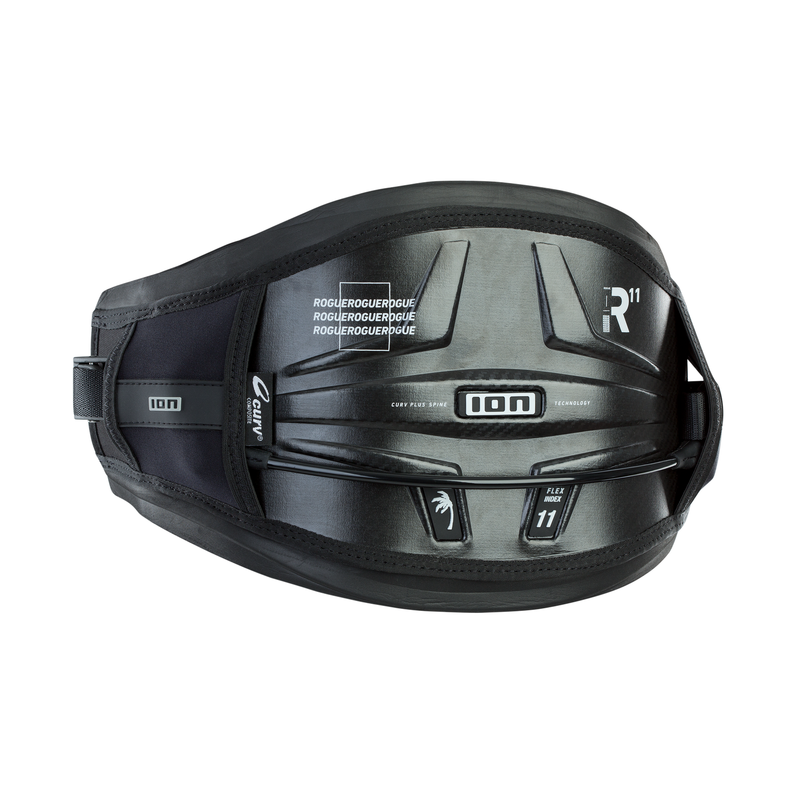 ION Rogue waist harness in black with Curv Plus Spine technology and movable hook