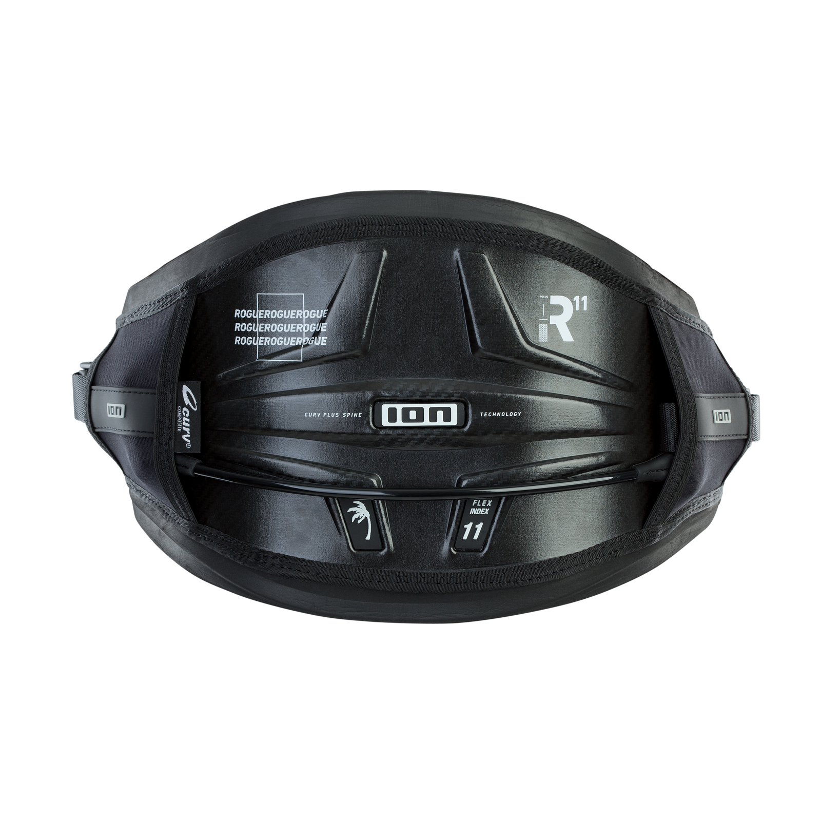 ION Rogue waist harness in black with Curv Plus Spine back plate
