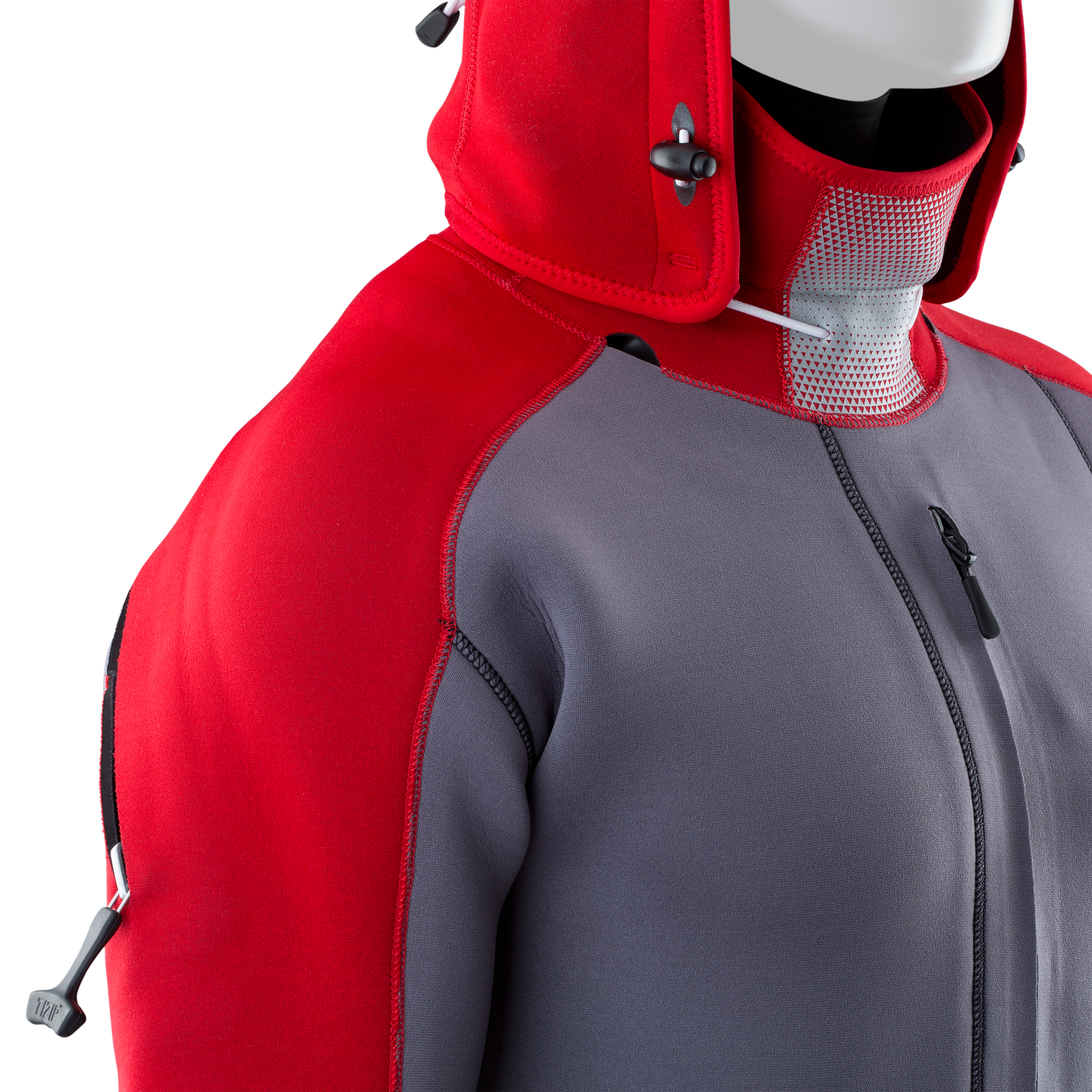 ION Fuse Drysuit 4/3mm back-zip fullsuit with detachable balaclava hood in red and grey